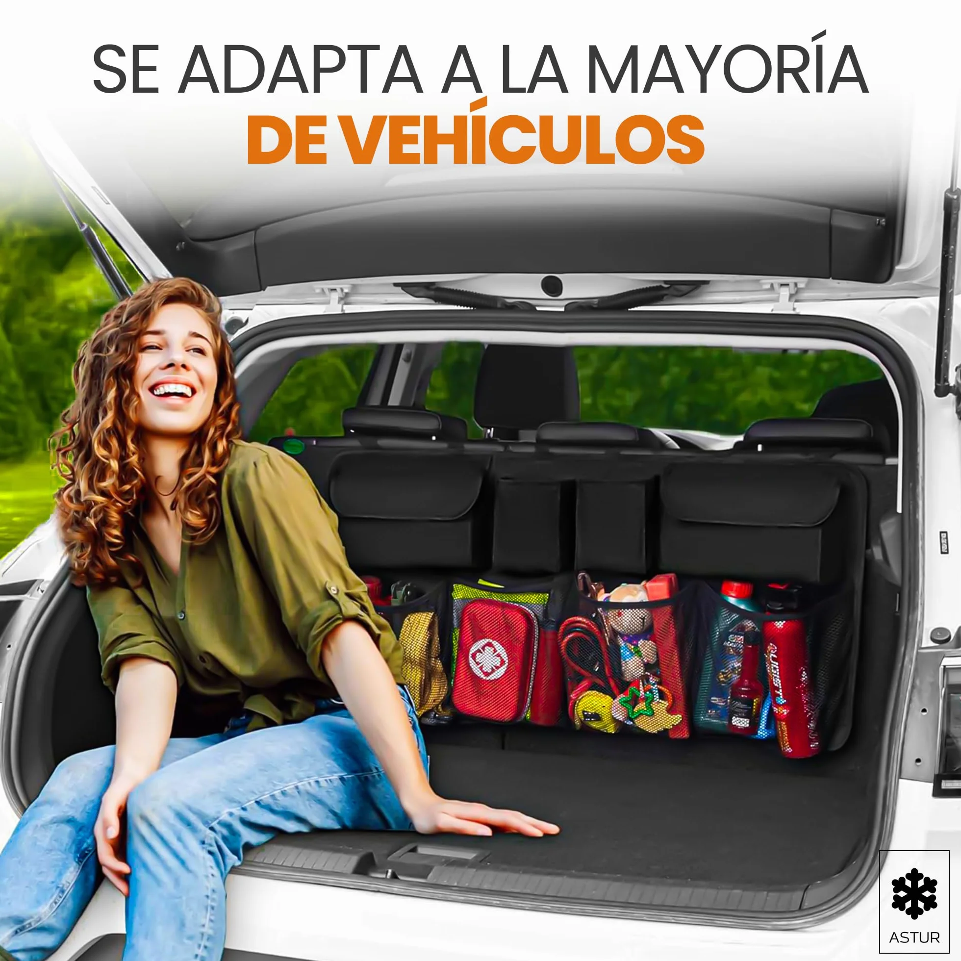 Astur Organizador Maletero Coche Plegable e Impermeable – Gran Capacidad con 8 Bolsillos – Organizador Coche Maletero Antideslizante y Ajustable (Organizador Maletero Negro)