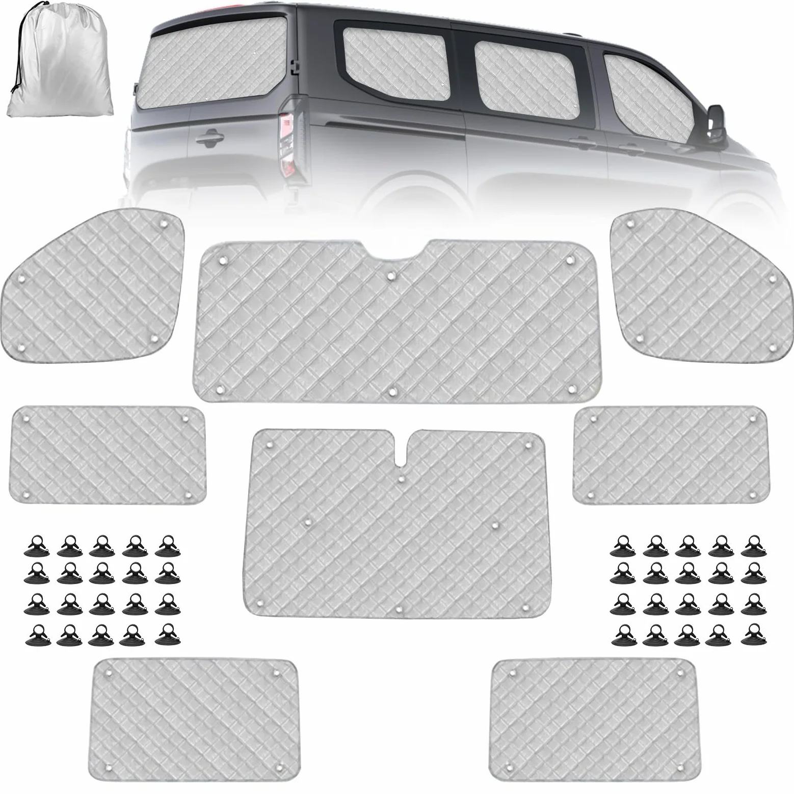 Parasol para Parabrisas Compatible con Ford Transit Custom SWB 2012-2022, 8 Piezas Protector de Parabrisas, Juego de Parasol Térmico Interno con Bolsa de Almacenamiento, 100% Oclusión | Juego de 8 protectores térmicos opacos para parabrisas, persianas tér