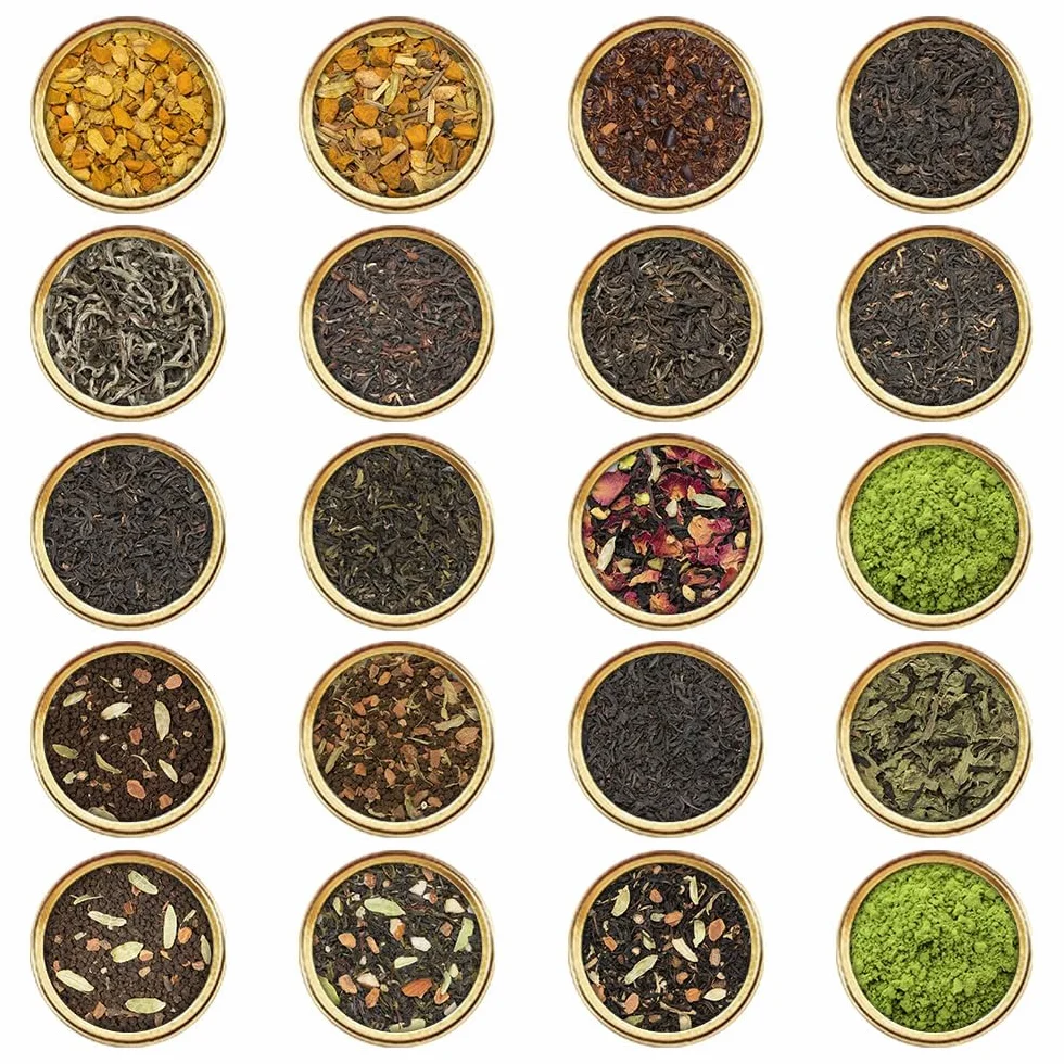 VAHDAM Set Regalo Tés del Mundo | 20 Tés a Granel, 100 Porciones | Té Negro, Verde, Oolong, Blanco, Chai y Herbal | Sin Gluten y No-OGM