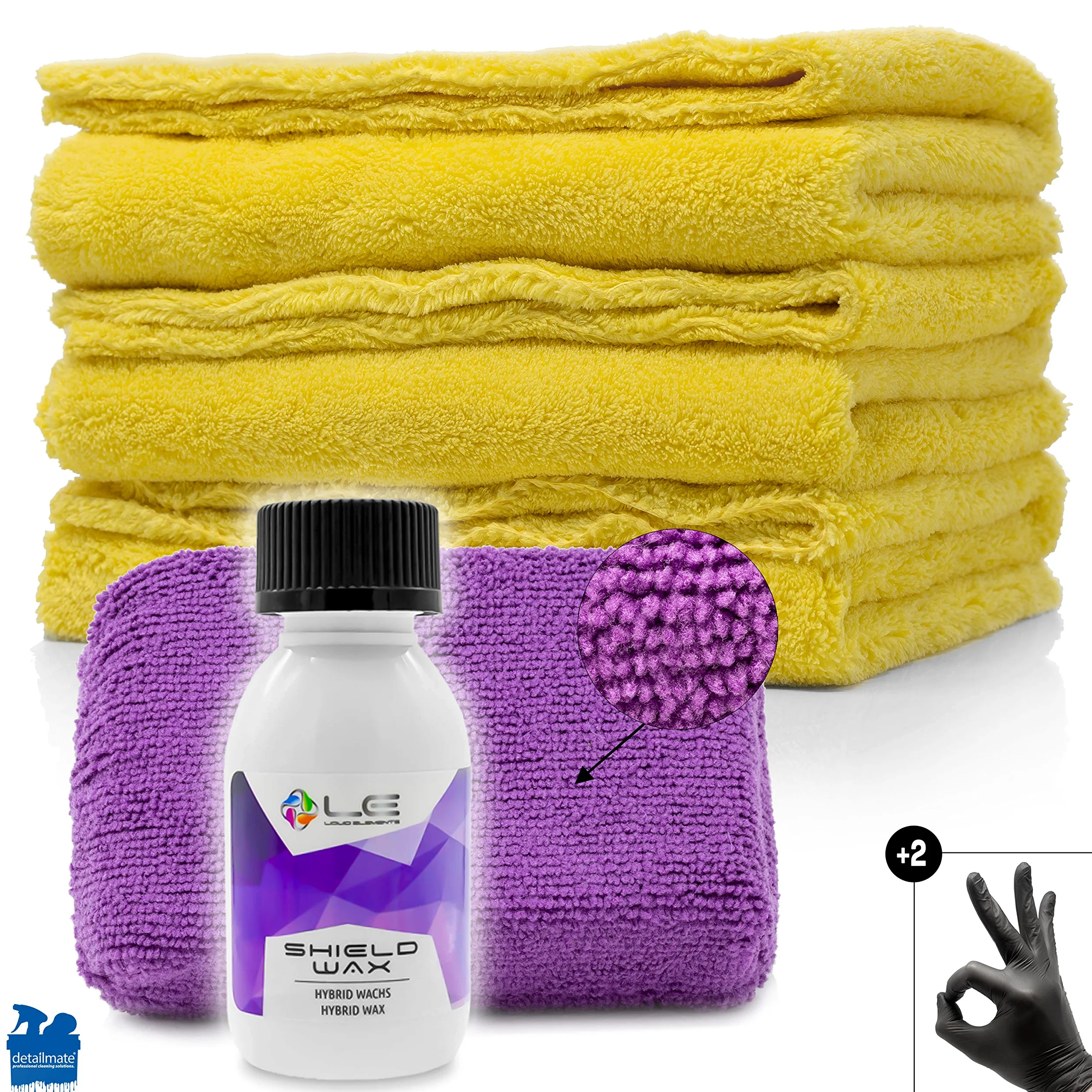 Detailmate - Set de sellado para el cuidado del coche Liquid Elements: sellador de cerámica Shield Wax, cera carnaúba 100ml, aplicador de esponja y 3 paños de pulido para la aplicación + 2 guantes