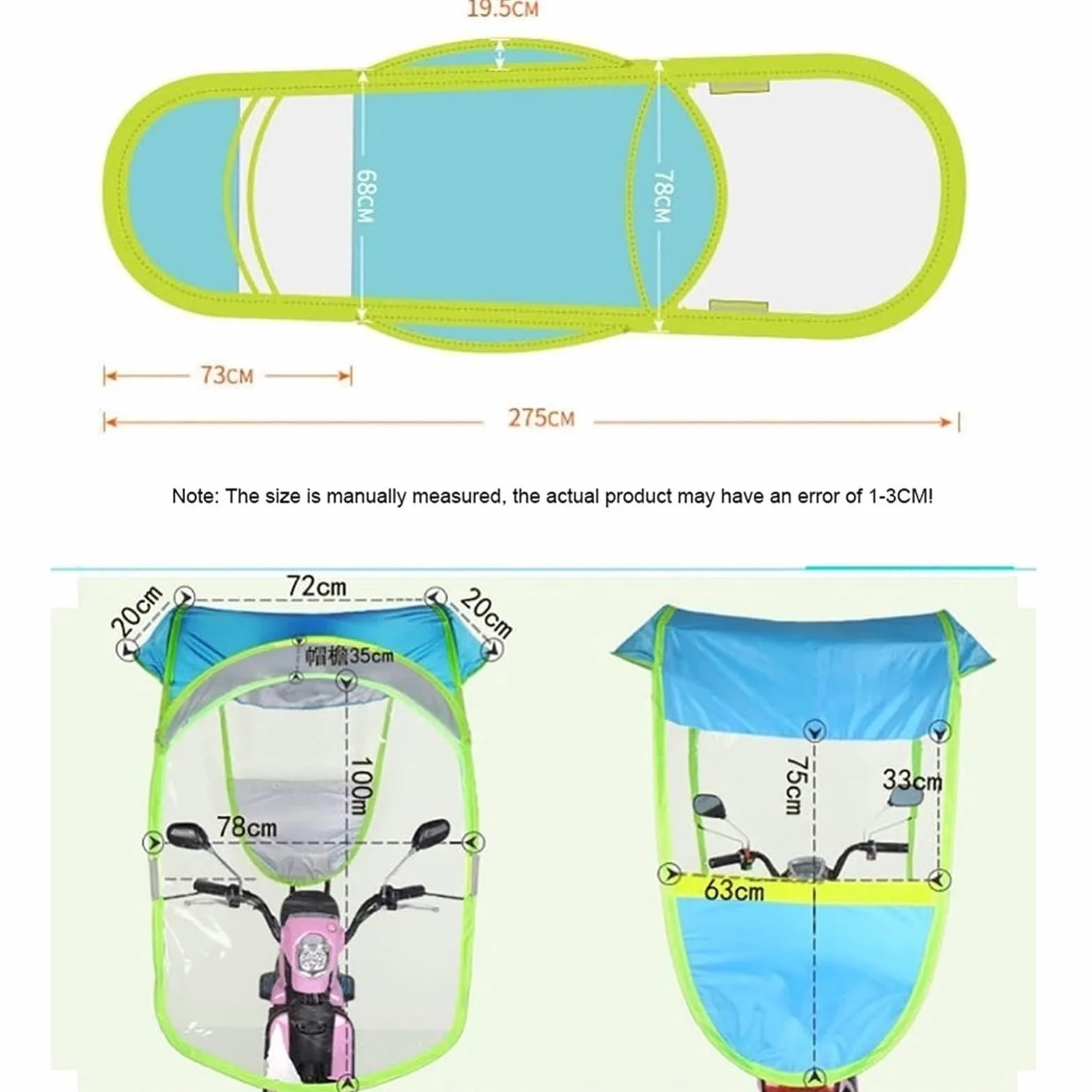 Paraguas plegable de la sombrilla del scooter para las motocicletas con los espejos, cubierta impermeable de la lluvia y protección UV, toldo portátil ligero para una visibilidad y comodidad mejoradas