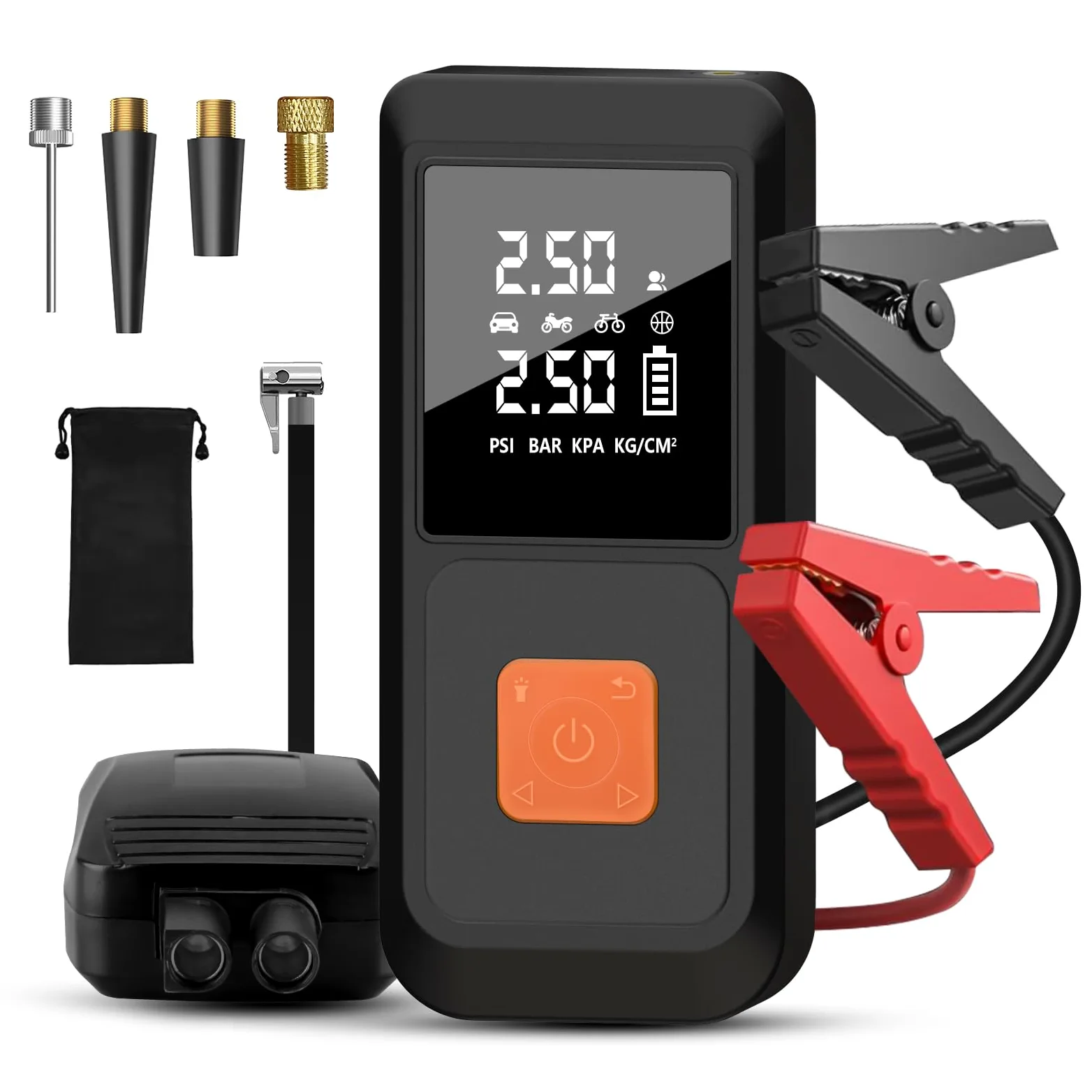 Arrancador de Batería 12V para Coche (Gasolina/Diésel) con Compresor de Aire Portátil y Power Bank 3 en 1, Inflador Eléctrico 10000mAh con Pantalla LCD y Arranque de Emergencia, Carga Rápida