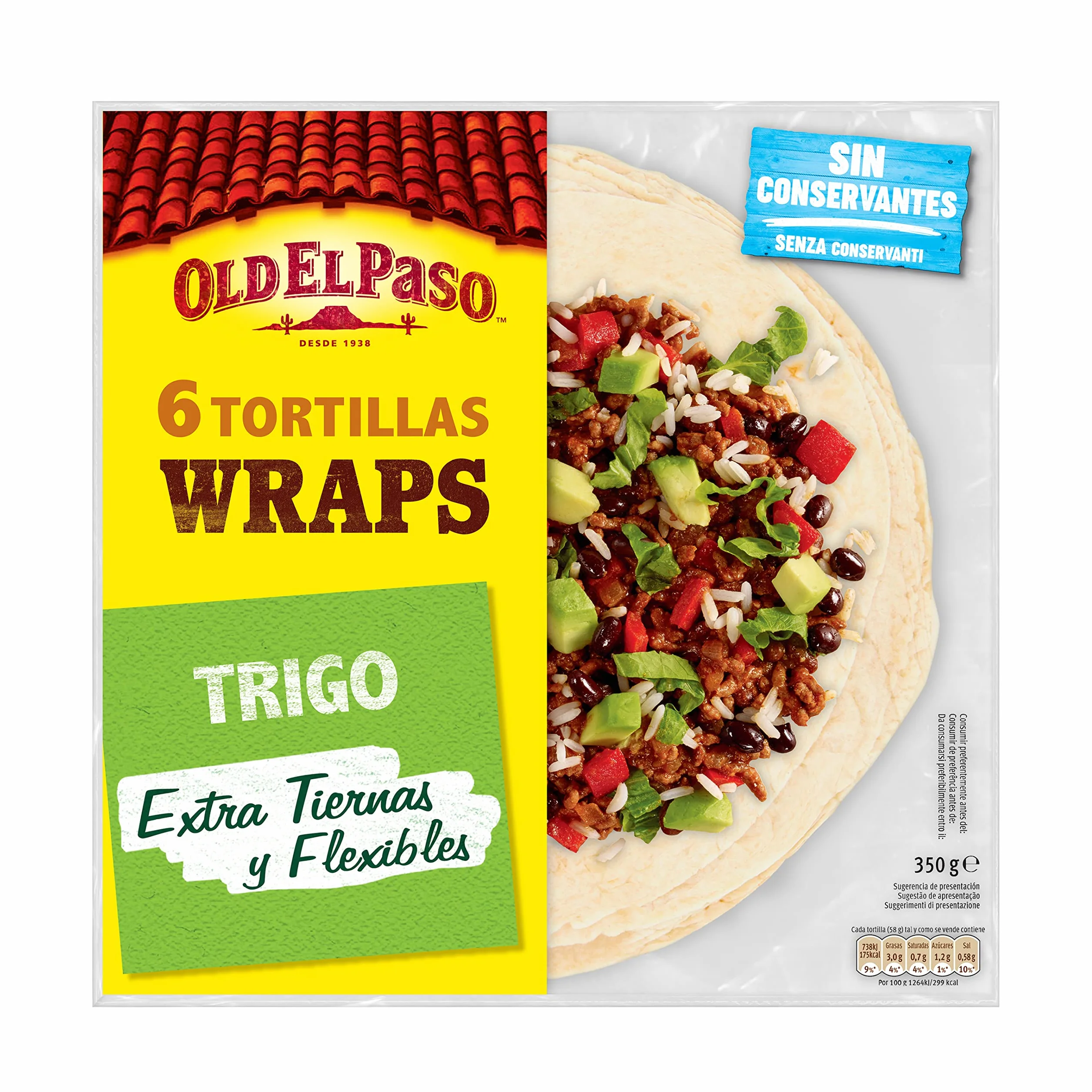 Old El Paso Tortillas de Trigo Wraps 6 Unidades 350g Sin Conservantes