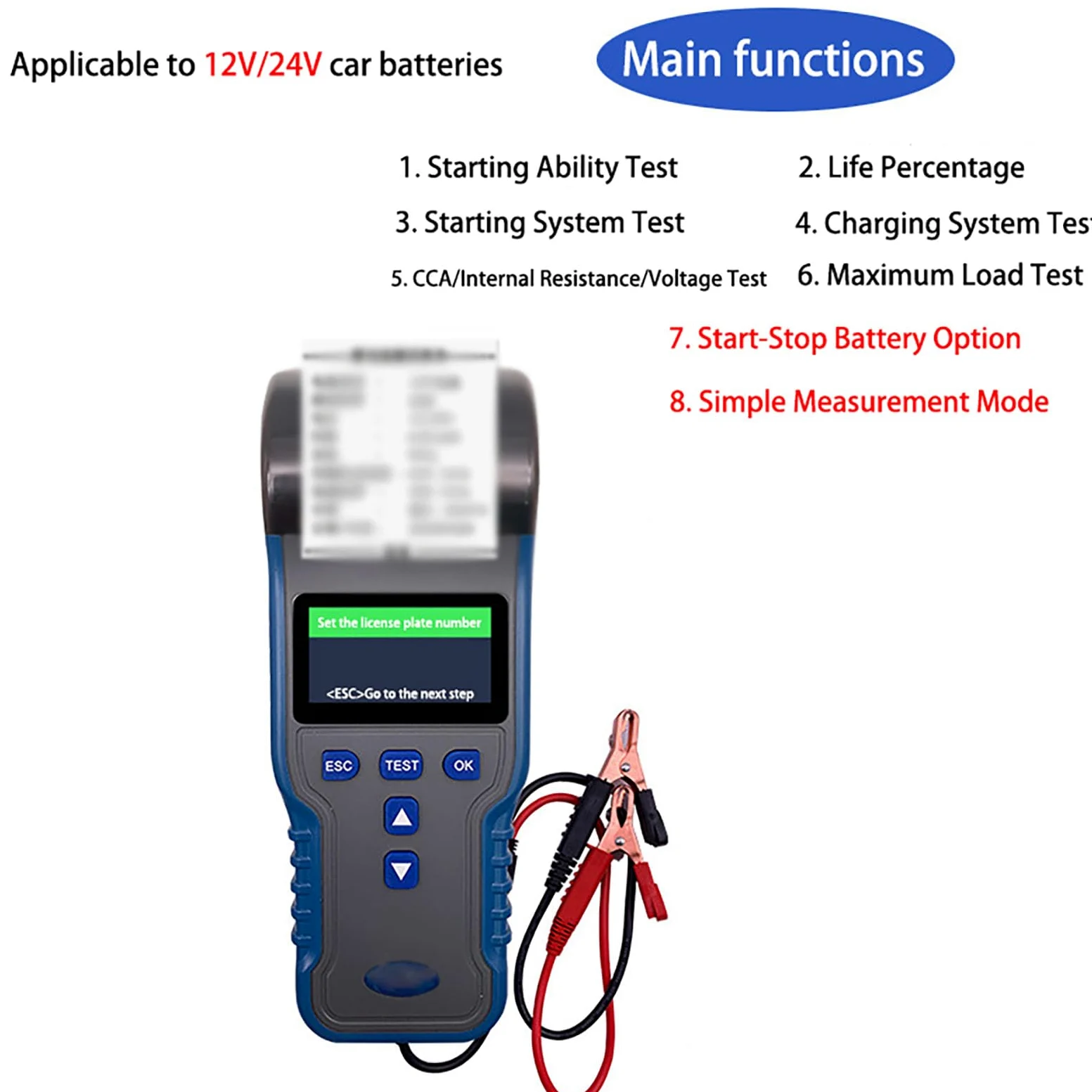Comprobador de batería de Coche de 12 V/24 V con Impresora integrada. Analizador de batería para Coches, SUV, Barcos y Yates. Herramienta de diagnóstico de la duración