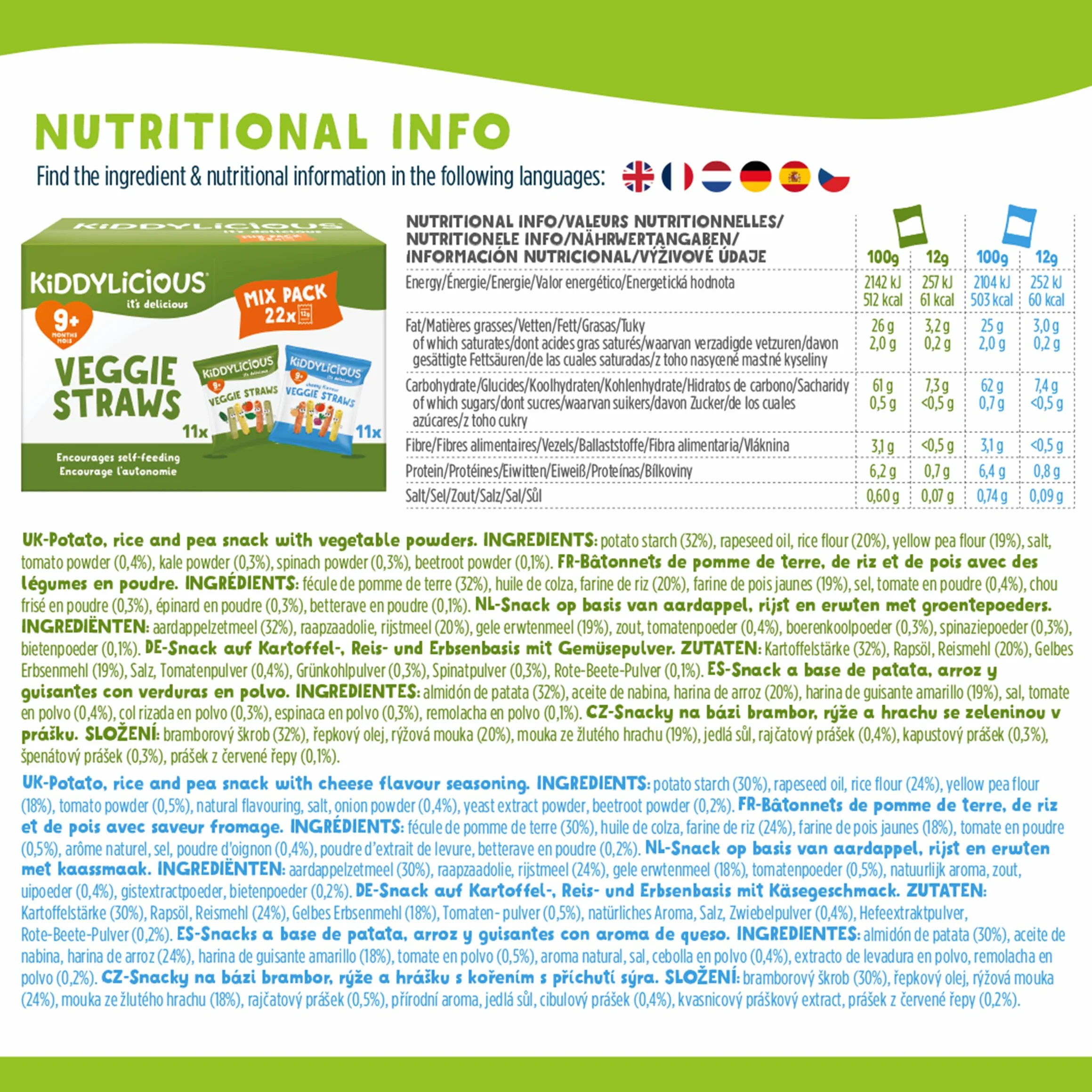Kiddylicious Veggie Straws Mix Pack 22x12g 264g Snacks para Bebés a Partir de 9 Meses