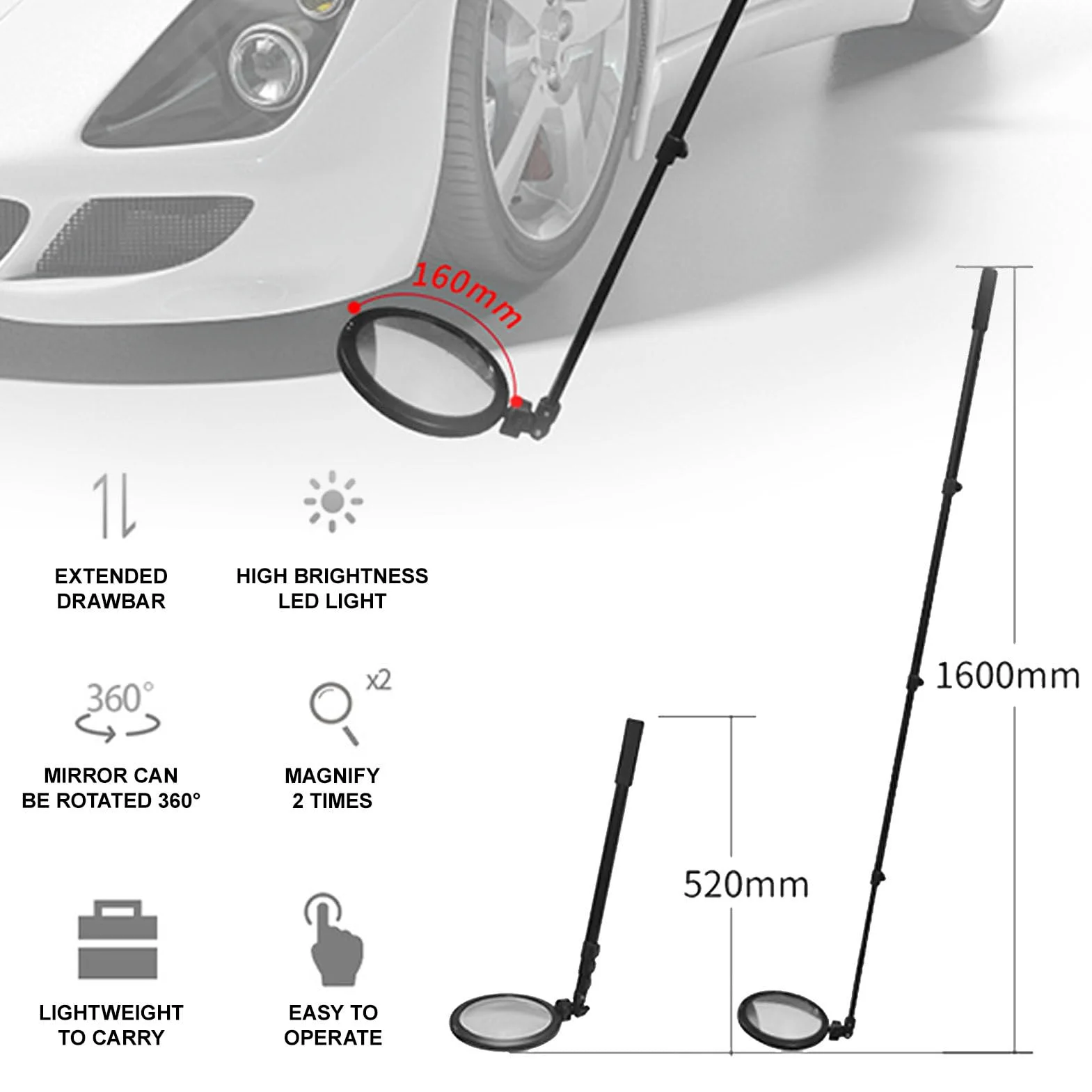 Espejo De Inspección Portátil para Bajos De Vehículos, con Luz Led, Espejo Acrílico De 160 Mm Y Mango Retráctil De 52-160 Cm, Espejo De Inspección Extensible, Herram