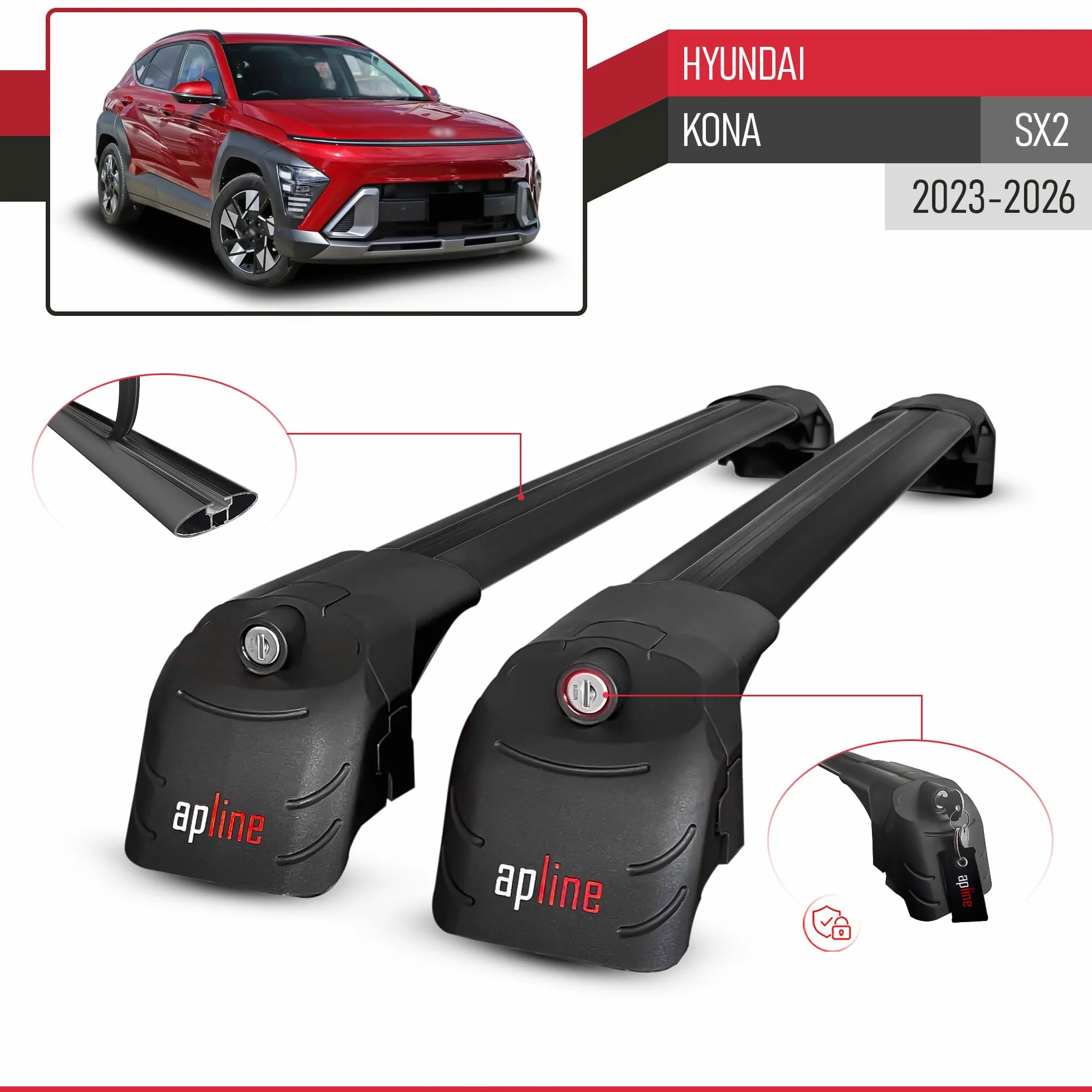 Compatible con Hyundai Kona (SX2) 2023-2026 Modelo Ace-2 Barra de Techo Auto Portaequipajes Barras Transversales Negro Aluminio 2 Barras