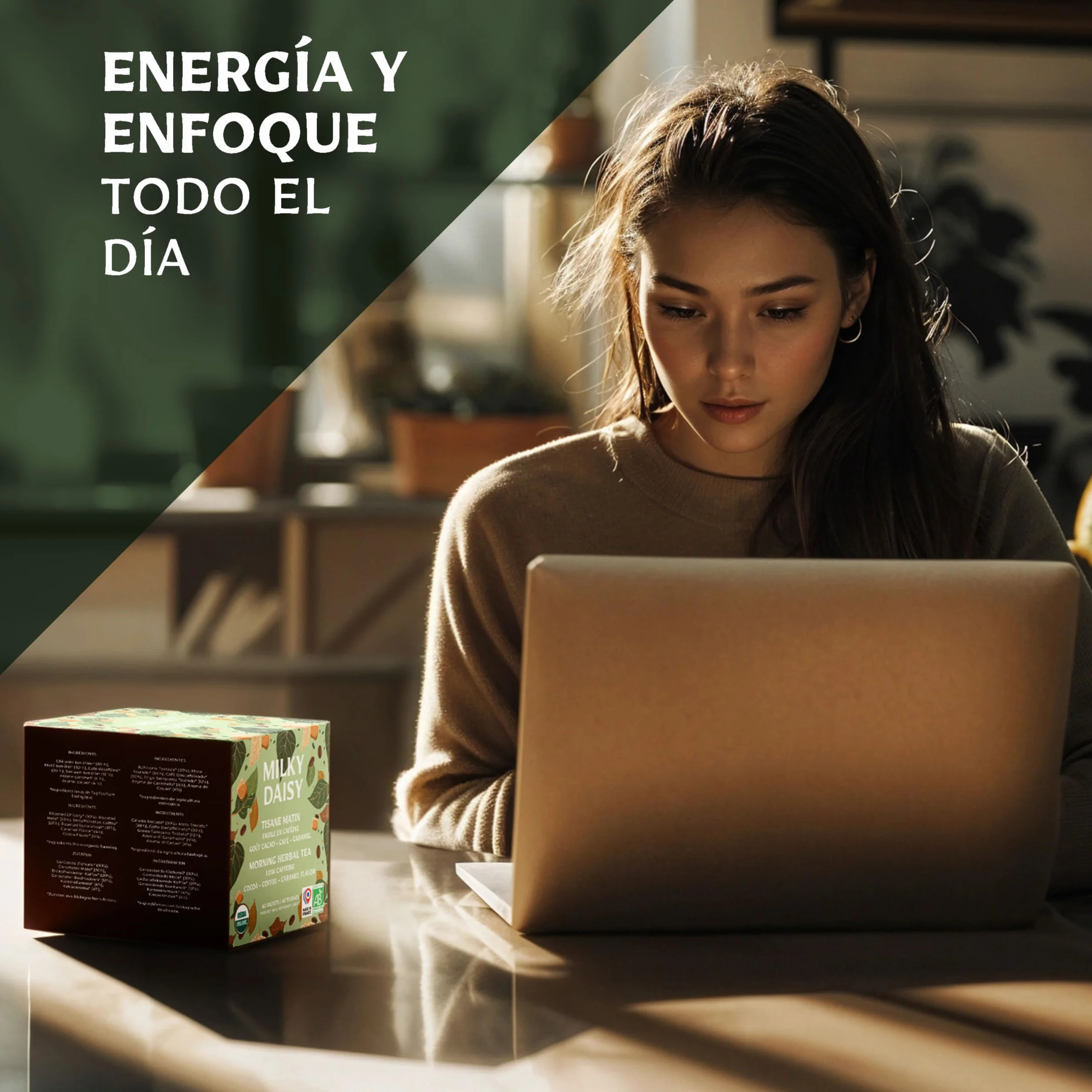 Milky Daisy Té Matutino Orgánico Sustituto del Café Sabor Cacao Café Caramelo Energizante Bajo en Cafeína 40 Bolsitas