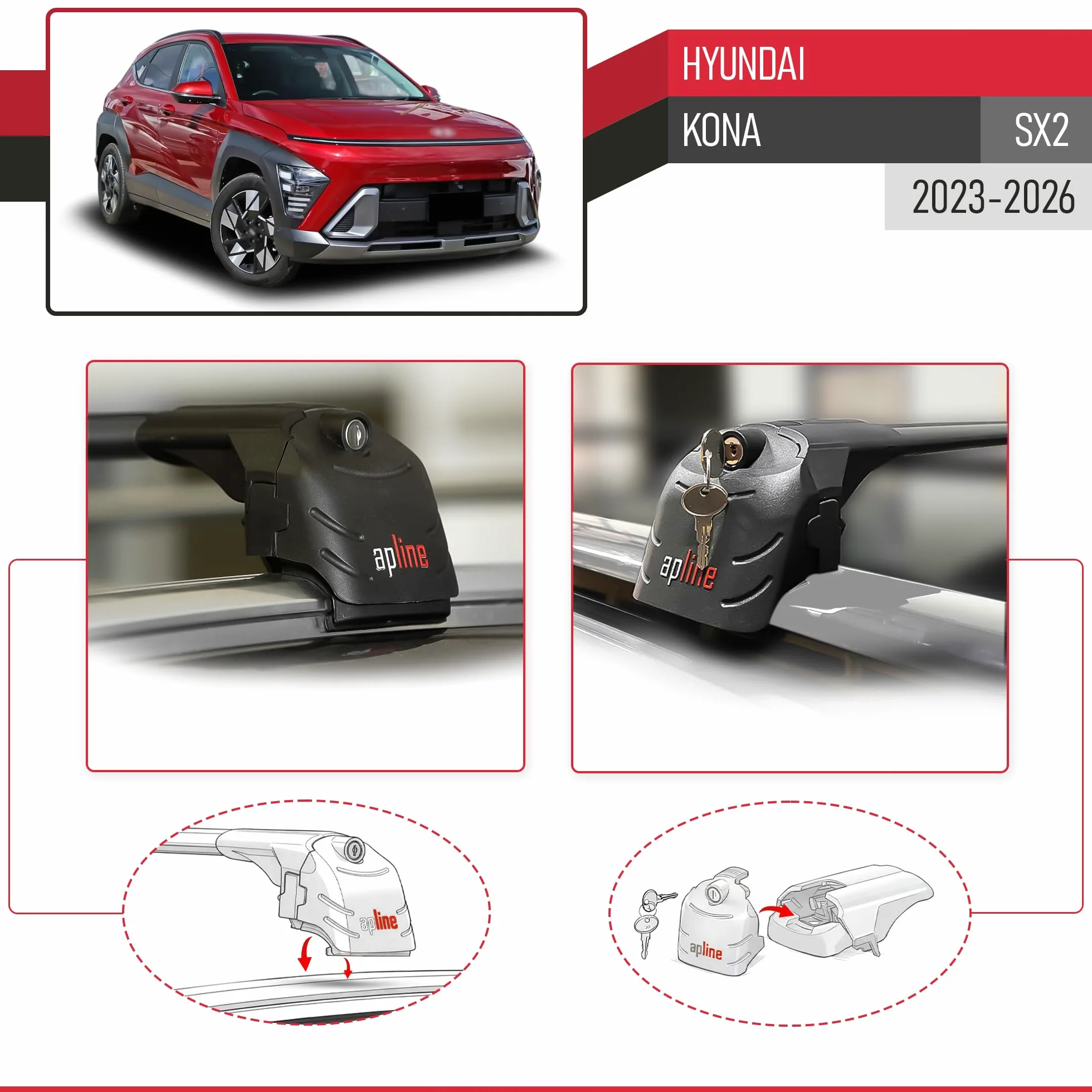 Compatible con Hyundai Kona (SX2) 2023-2026 Modelo Ace-2 Barra de Techo Auto Portaequipajes Barras Transversales Negro Aluminio 2 Barras