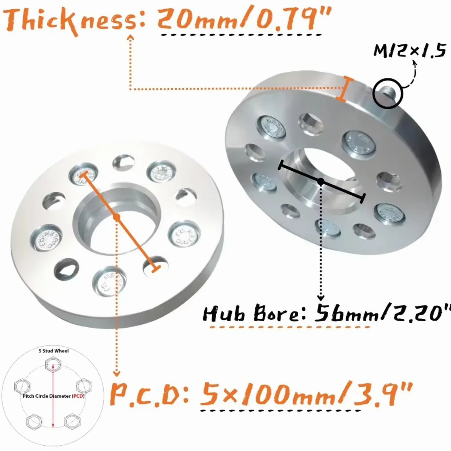 2 Uds Junta Espaciadora De Rueda PCD 5X100 Diámetro Para Cubo 56MM M12X1.5 Compatible Con Subaru Para Impreza 2000-2016 Para Subaru XV 2010-2012 Espaciadores Rueda Coche
