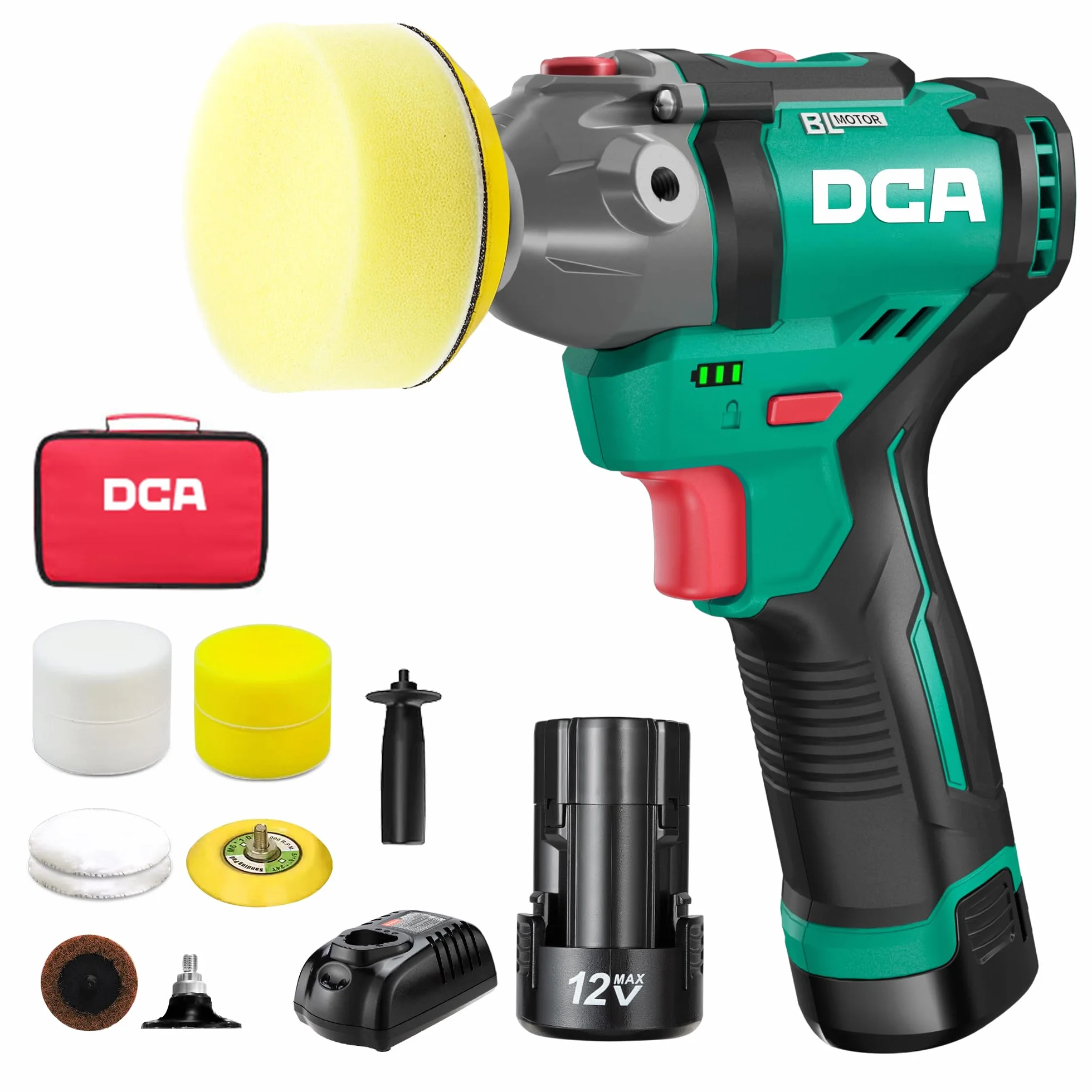DCA Mini Pulidora Coche 12V 75MM Pulidora Bateria 50mm Lijadora Orbital sin Escobillas 2 Baterías 2,0Ah 2 Velocidades 2800-8300 RPM