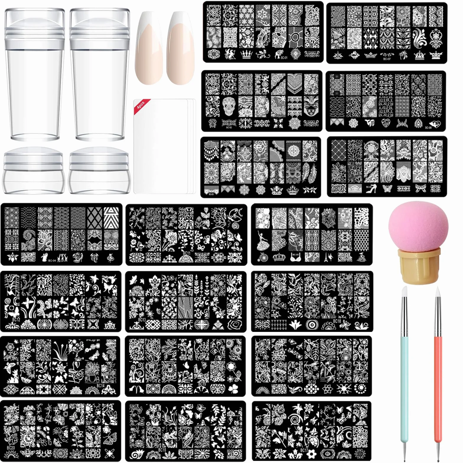 Nail Art Stamper,14 Pcs Placas Estampacion Uñas Nail Stamping Kit,Sellos De Silicona Transparente,Estampador Para Uñas Con Raspador