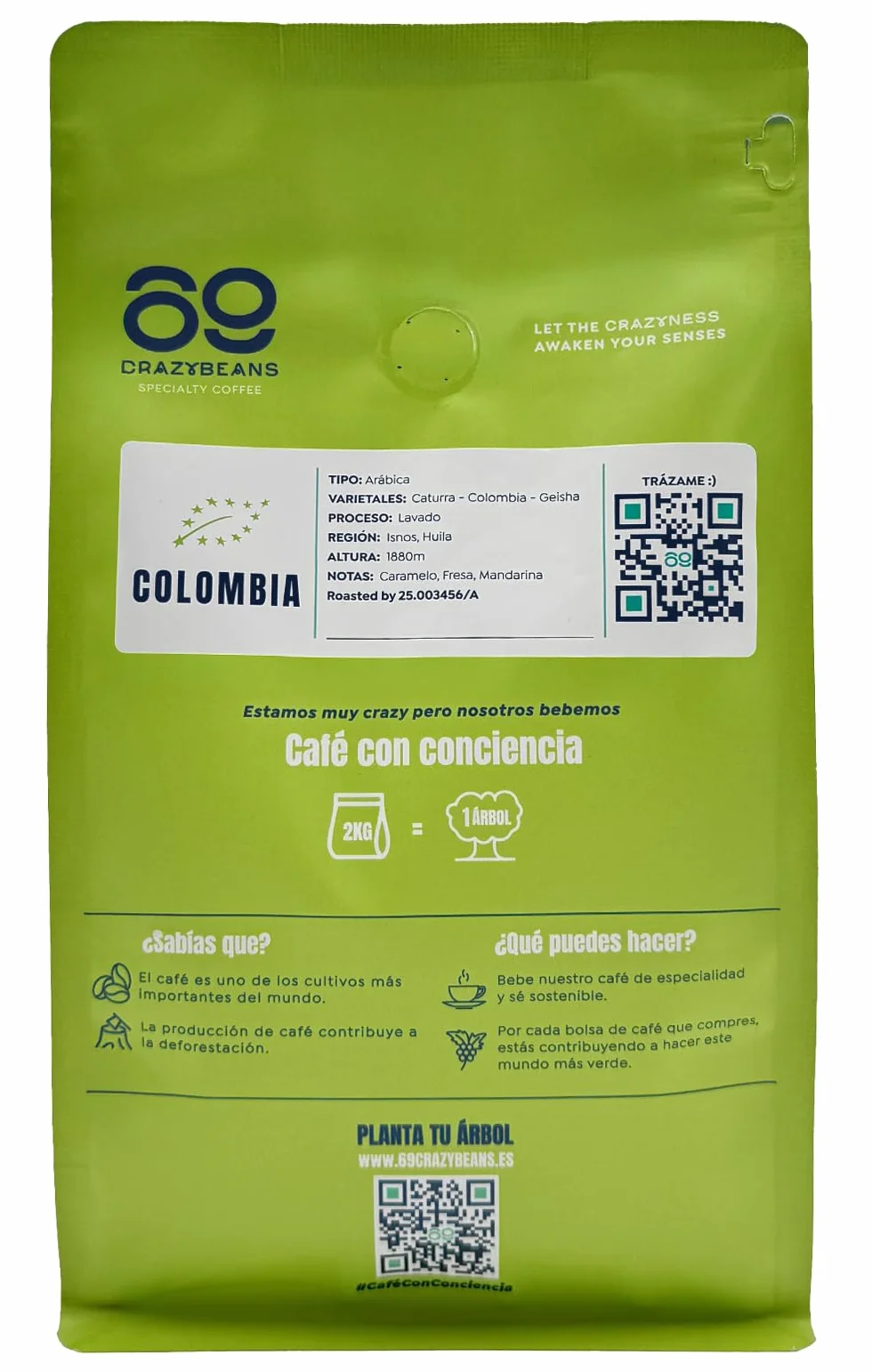 69 CrazyBeans Specialty Coffee Colombia Finca El Ensueño 100% Arábica 85,5 puntos SCA Tueste Natural 500g
