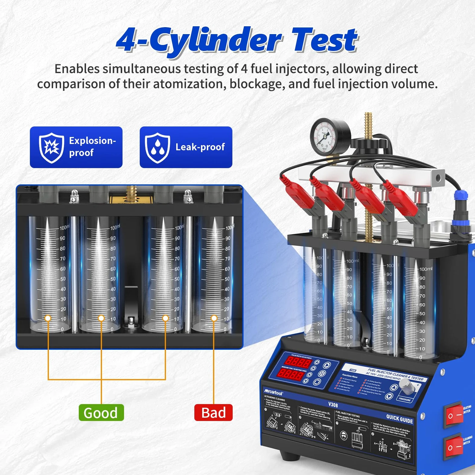 BELEY Limpiador de inyectores ultrasónicos de 220 V y dispositivo de prueba con función de calefacción, limpiador de inyectores de combustible con 10 funciones de prueba, pantalla LED y adaptador de 4