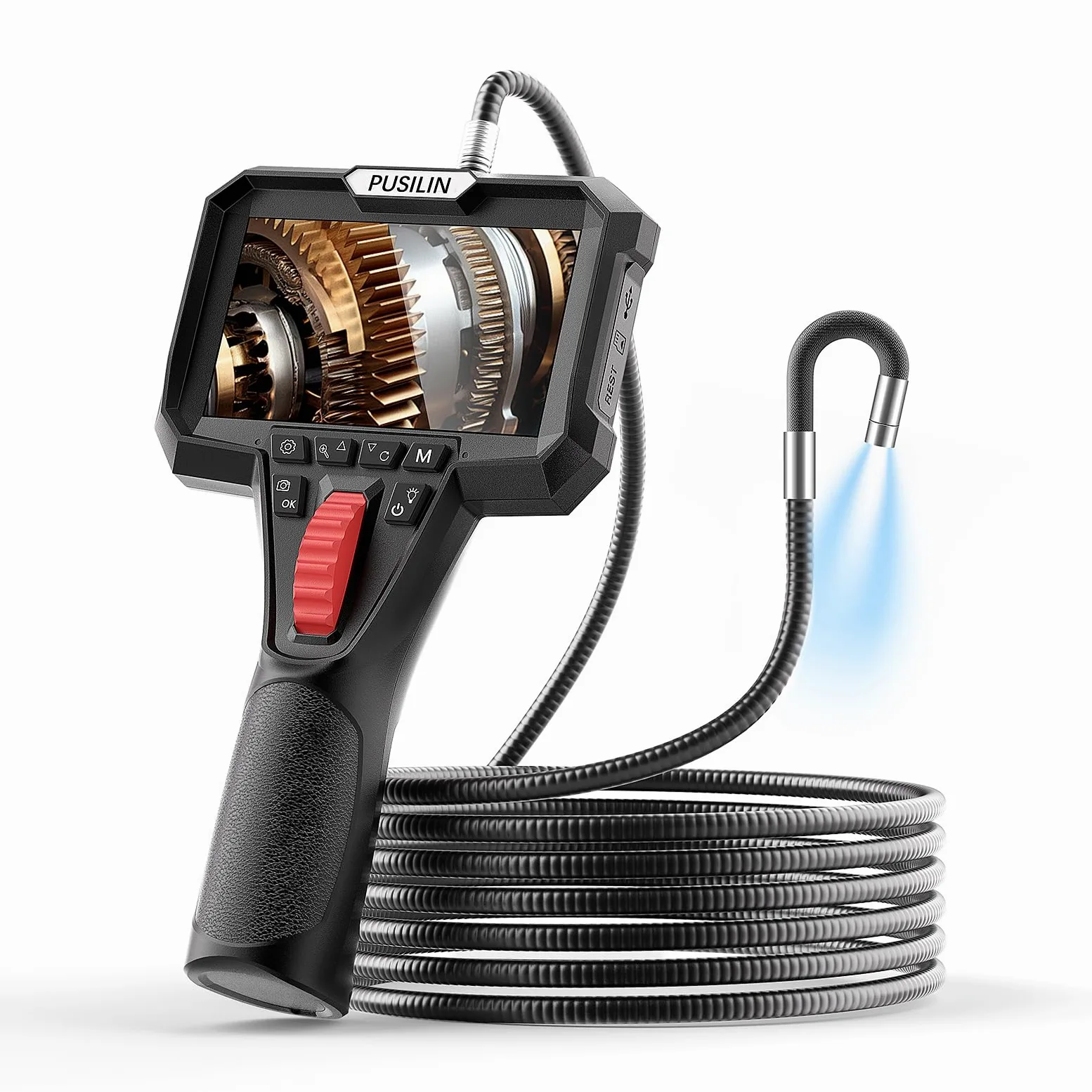 Cámara de boroscopio industrial con pantalla de 4.3 pulgadas, lente dual HD 1080P, cable semirrígido de 3.2 pies, cámara de serpiente articulada de 360° para inspección automotriz