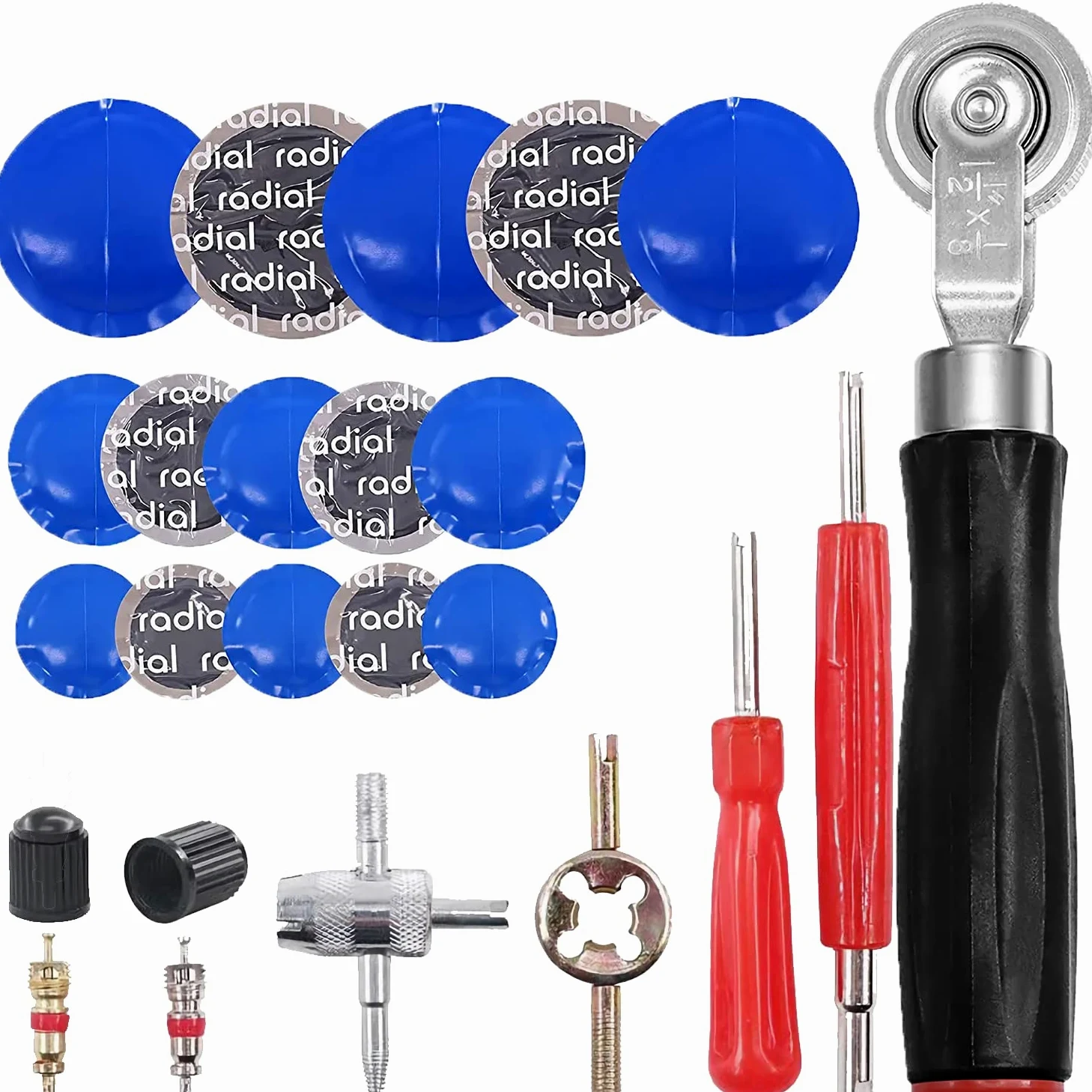 Kit de 70 parches de neumáticos resistentes, kit de parches de tubo interior, incluye rodillo de parche de neumáticos, parches de reparación de goma, núcleo de válvula, herramienta de válvula de 4