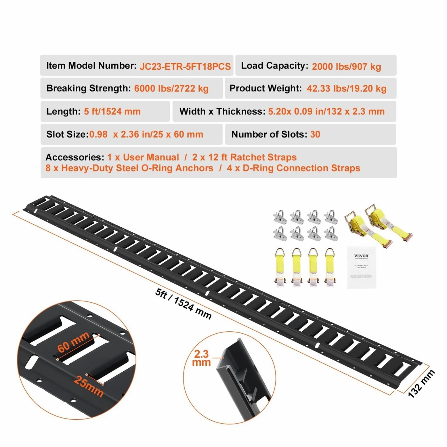 Kit de rieles Amarre for eléctricos 18 Piezas 1,5 m (5'), 4 Acero con Anilla en D y 2 Correas trinquete for Carga, Motocicletas Bicicletas Equipaje, Carga