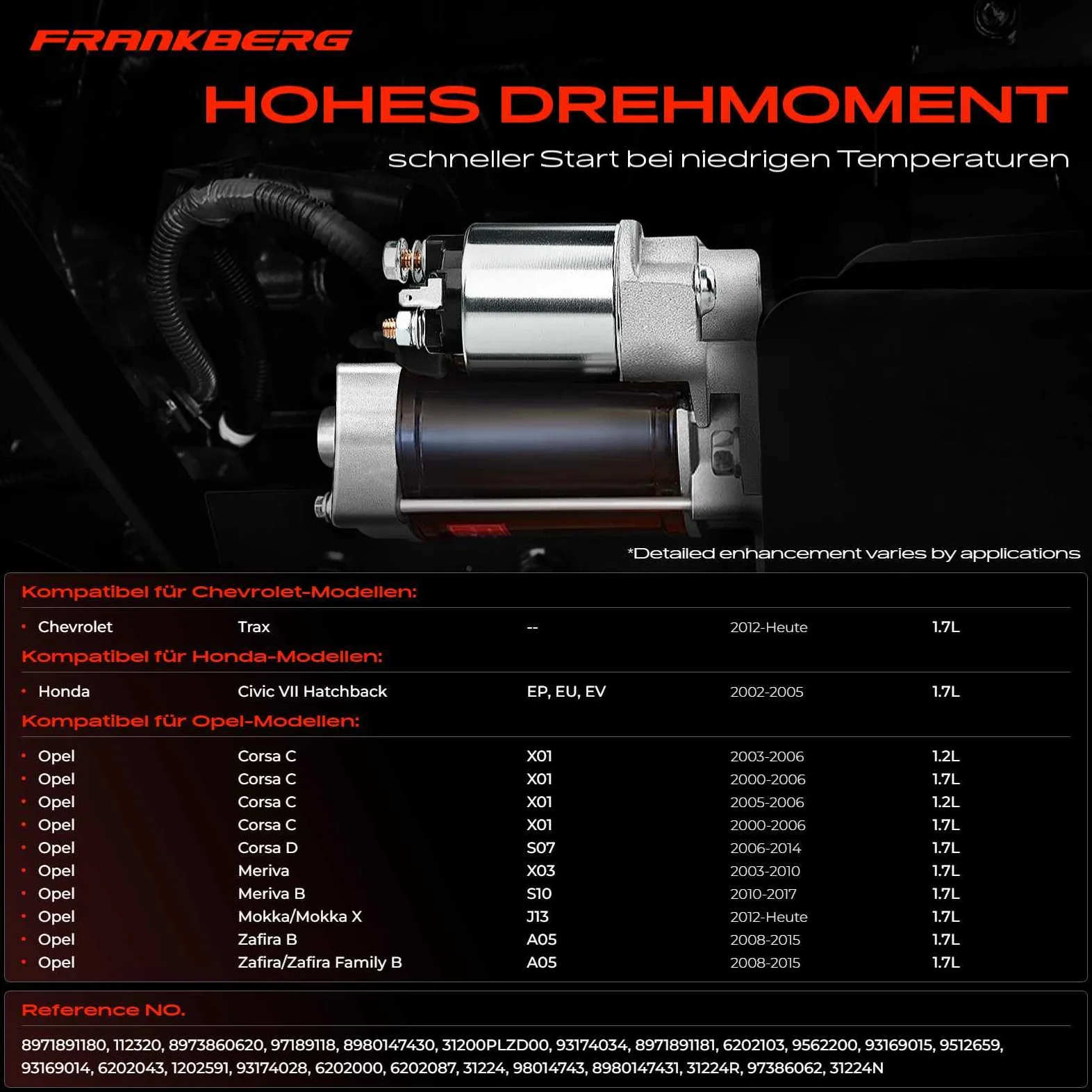 Frankberg Motor de arranque para automóvil Diesel 1,4 KW/12 V/13 dientes Compatible con Corsa C Furgoneta/Compacto X01 Astra H Caravan A04 Replace# 8971891181
