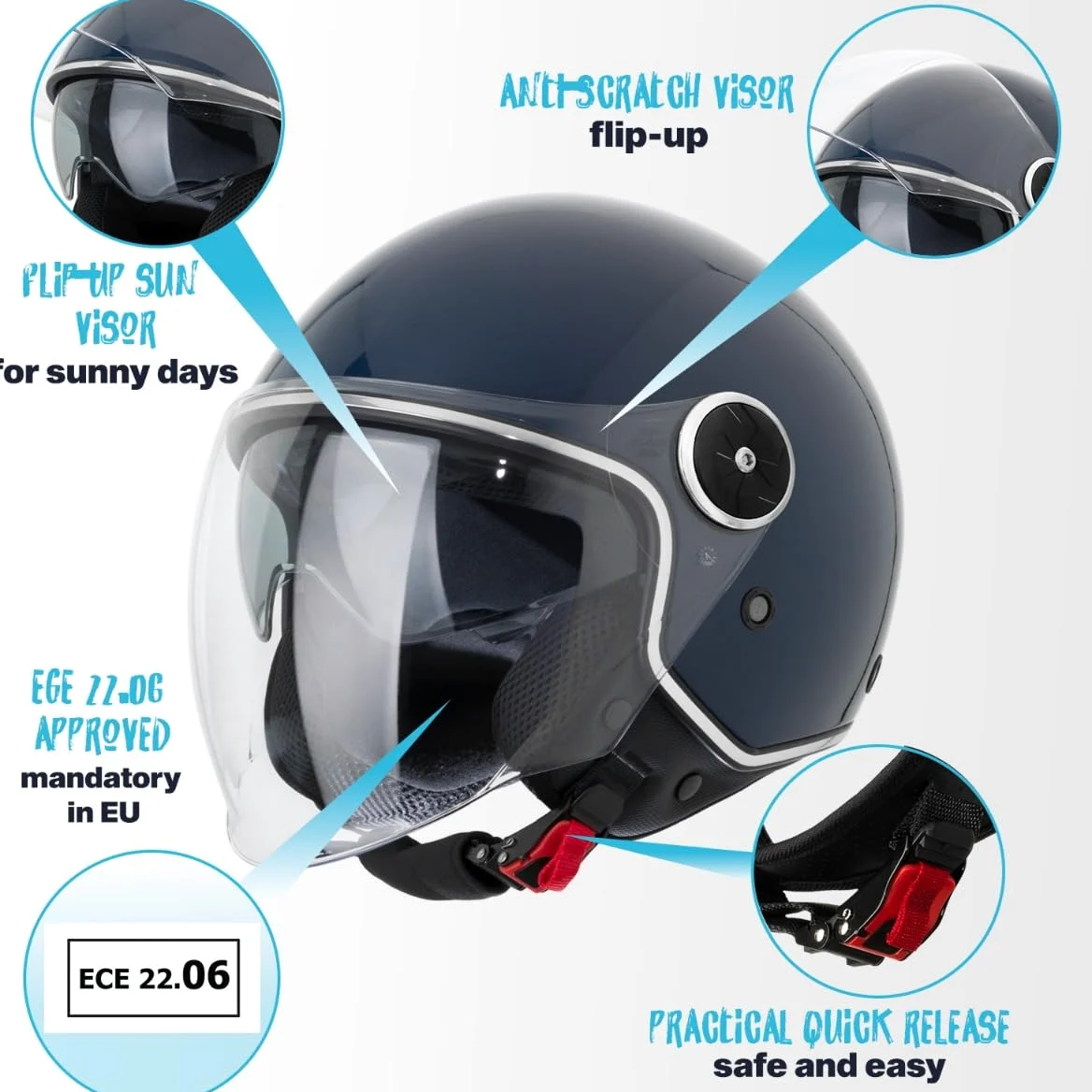 VINZ Tobia Casco Jet con Doble Visera | Casco Scooter & Moto & Ciclomotor | con Visera Solar | ECE 22.06 Homologado | En Tamaño XS - XXL | para Hombre y Mujer