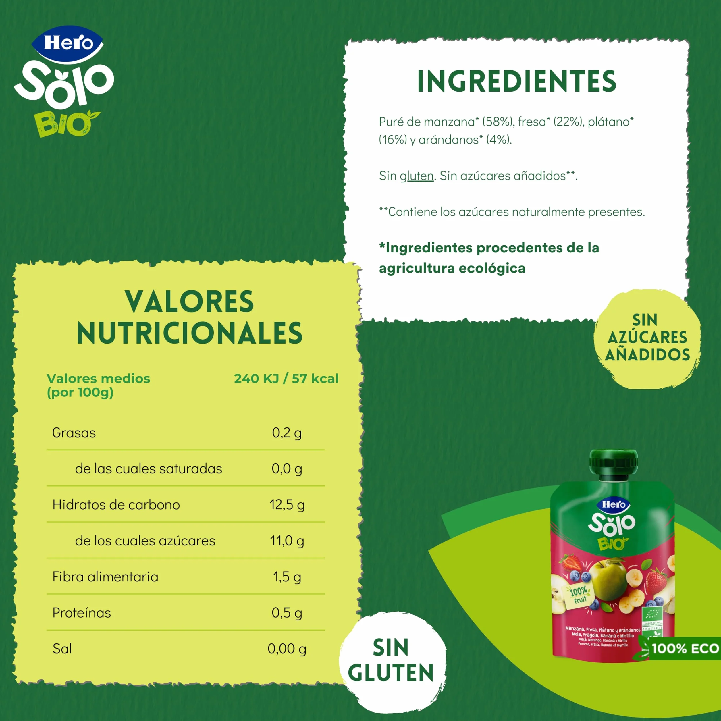 Hero Solo Bolsitas Ecológicas Manzana Fresa Plátano Arándanos 18x100g