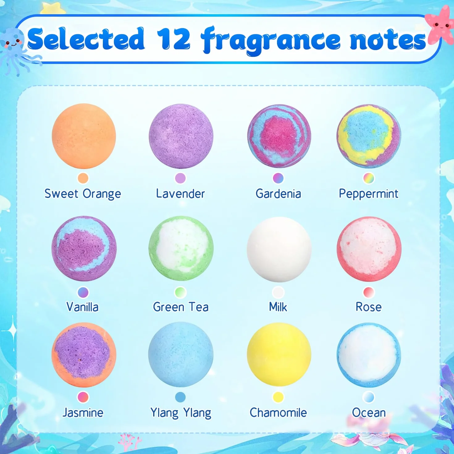 Bombas de Baño para Niños Pack 12 Bolas Marinas Natural Orgánico Regalo