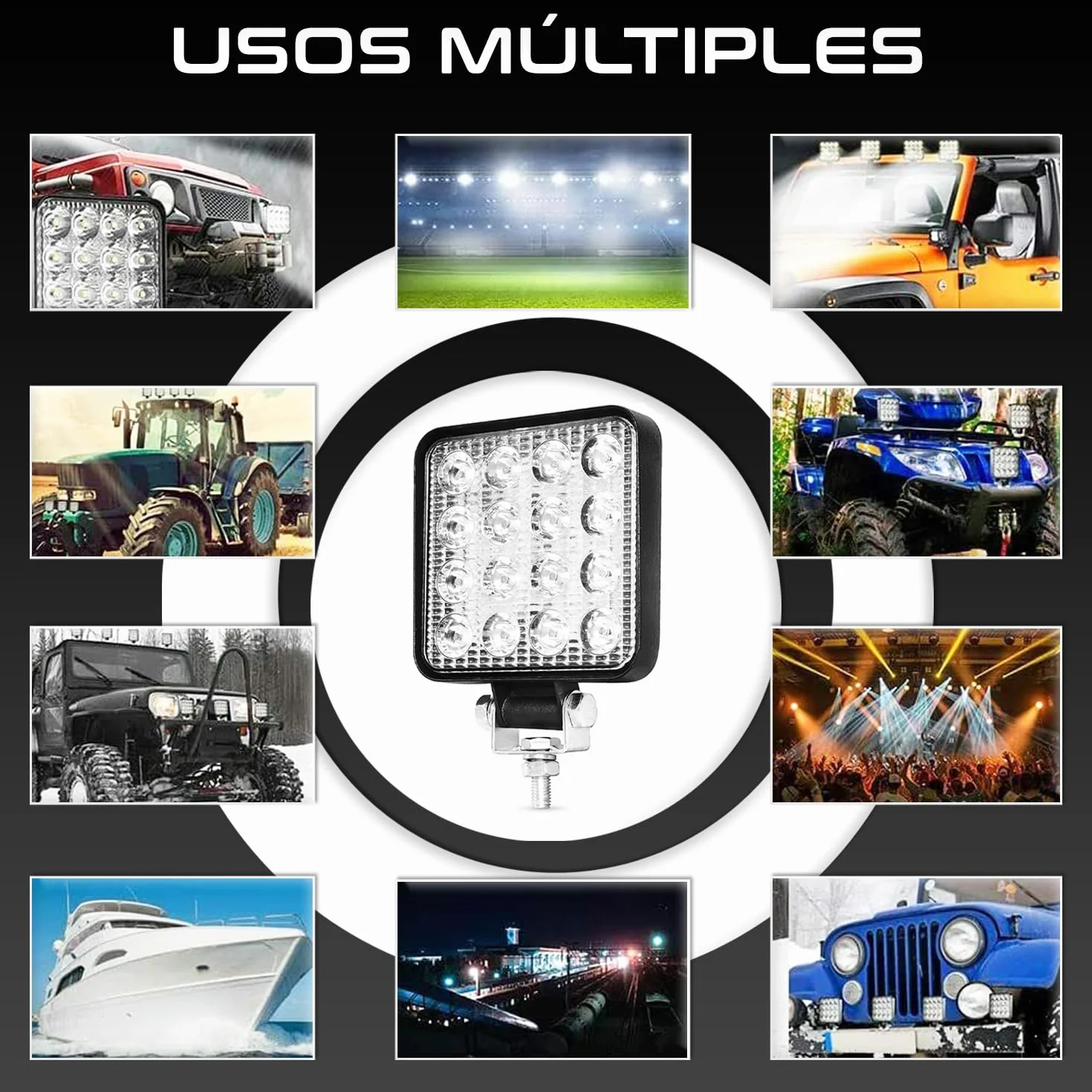 Foco led 12v 2 uds aluminio abs 48W 16 led 6500K 10.5 cms 4.21" faros 4x4 largo alcance