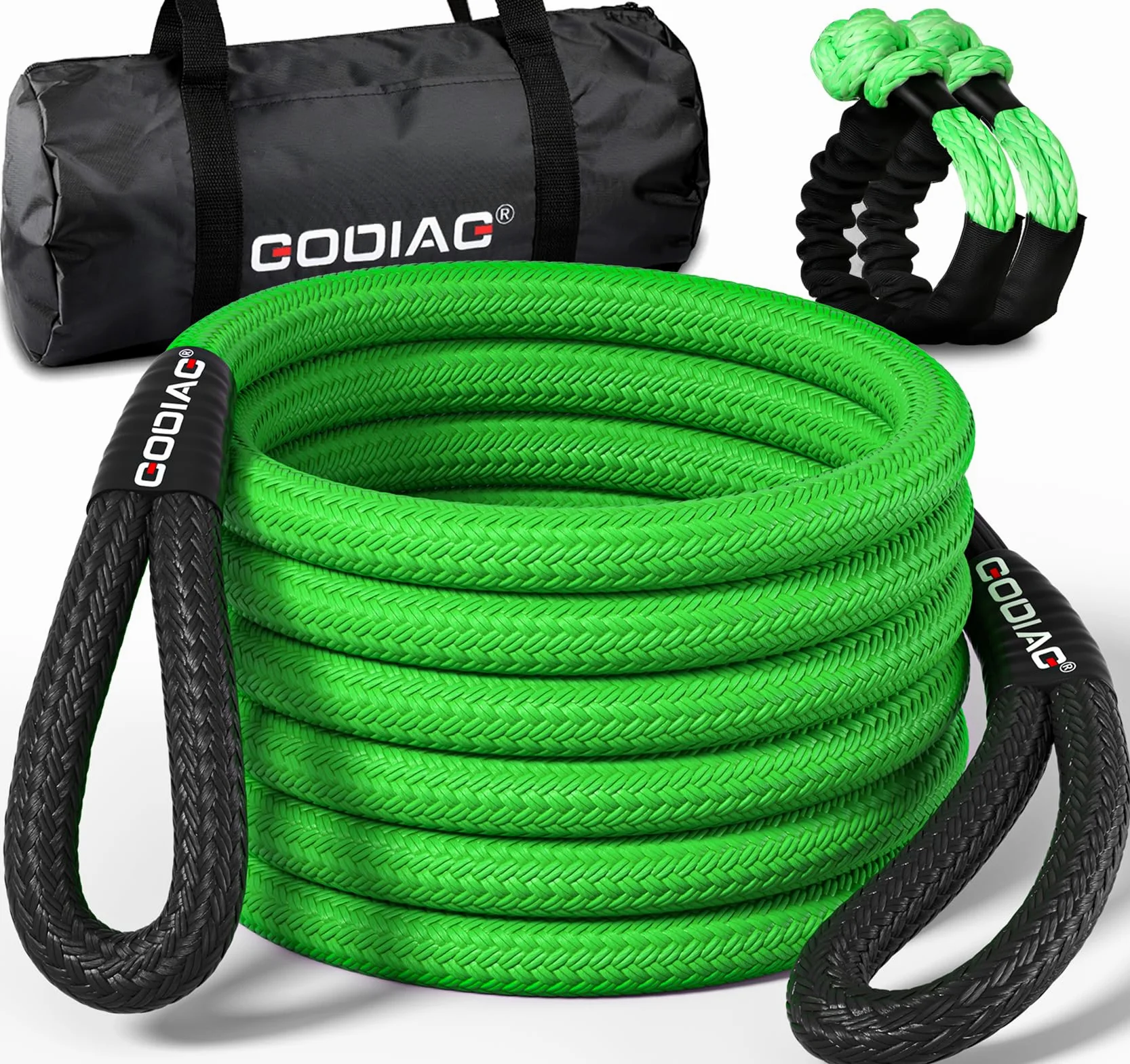 GODIAG Cuerda de Remolque para Coche Correa para Remolcar Vehículos con 2 Grilletes Suaves 1 par de Guantes de Algodón y Bolsa de Almacenamiento Cuerda de Recuperación para Coches Jeep Camión SUV, 9M