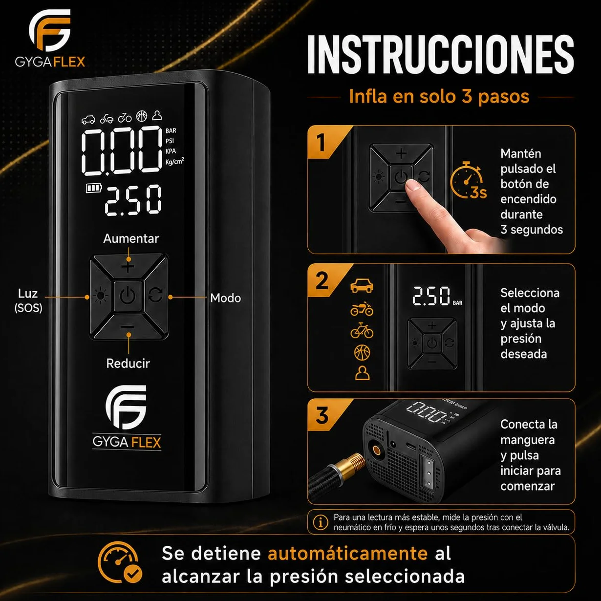 Inflador Ruedas Coche 30L/Min, Compresor Aire Portátil 150 PSI/10,3 Bar, Batería Recargable y Cable 12V 3M, Manómetro Digital, Apagado Automático, LED SOS, para Coche Moto Bicicleta Pelotas