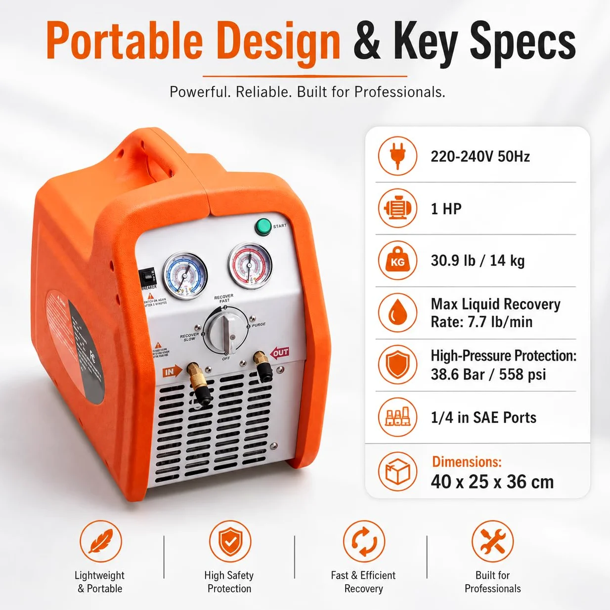 Máquina de recuperación de refrigerante 220-240 V, unidad de recuperación de CA portátil para HVAC automotriz, extracción de vapor y líquidos, diseño eficiente y compacto