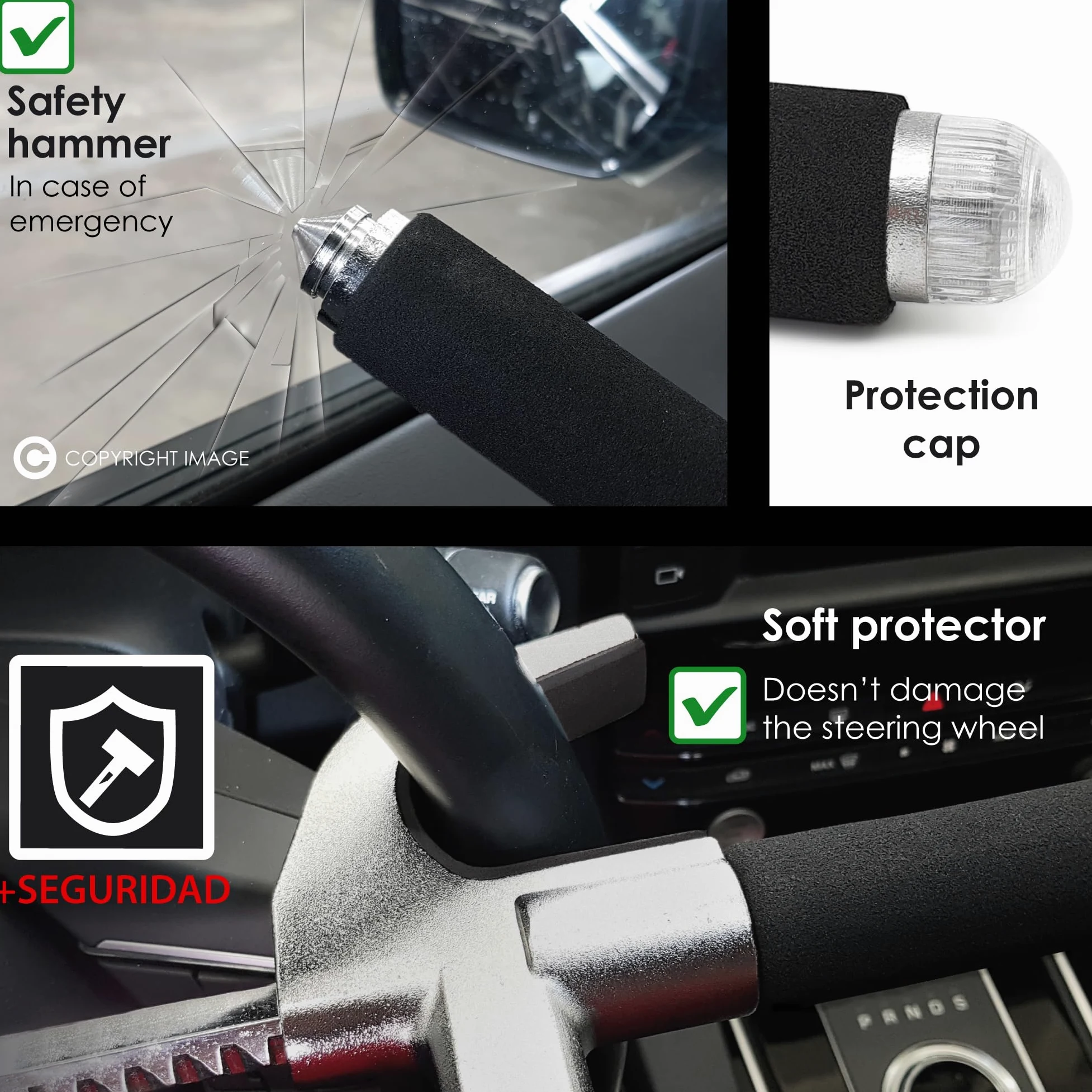 KRASER WA839B Antirrobo Coche, Alta Seguridad, Barra Volante Reforzada, Muy Visible y Disuasorio, Bloqueo Más Ajustable, Martillo Emergencia, Cepo Coche Universal SUV Furgoneta Autocaravana
