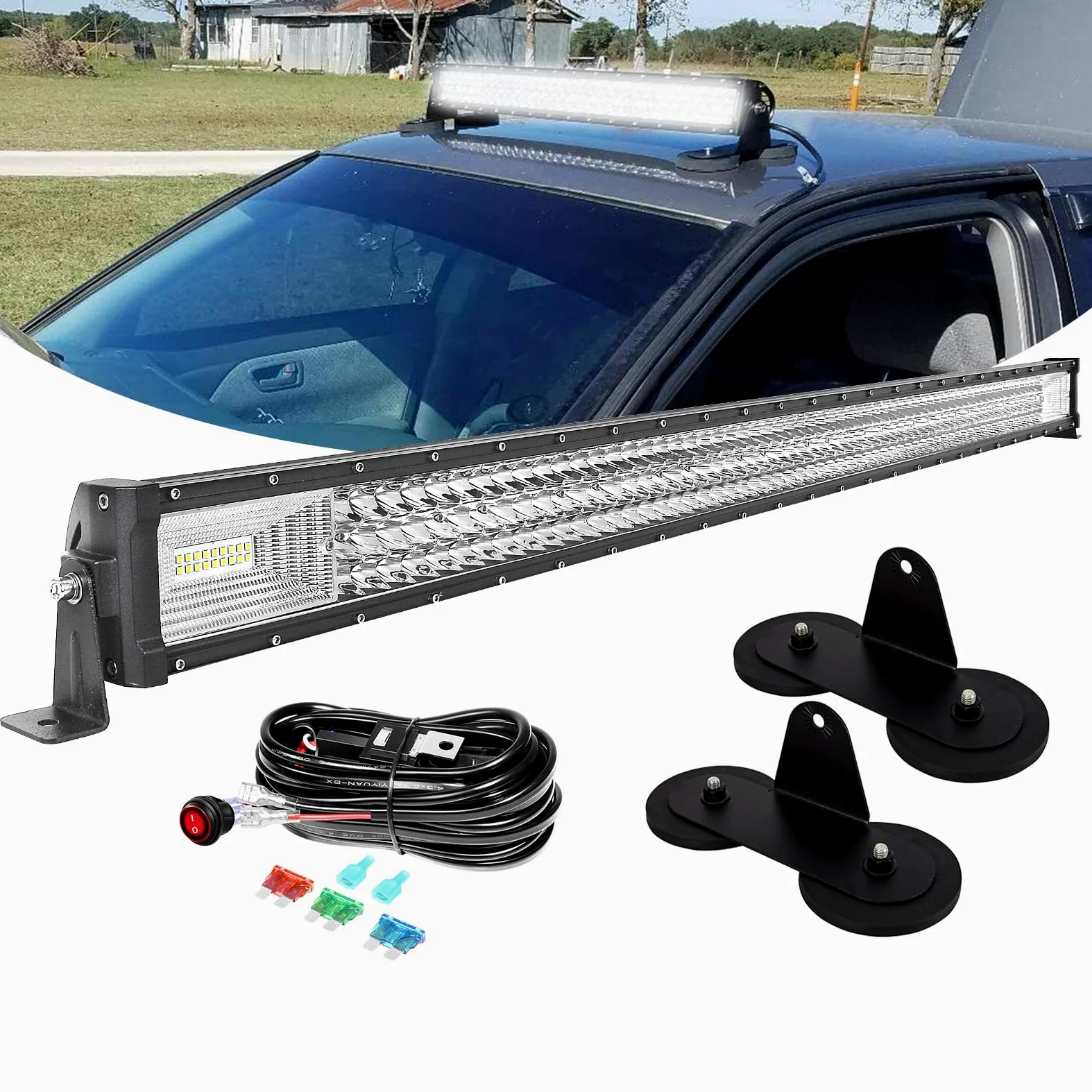 PICAA 50 Pulgadas 648W+Soporte Magnético+Cableado Kit, 127cm Tri-Fila Luz de Trabajo LED 12V 24V 6000K Blanco Foco Led Coche Camión Todoterreno Barras Luminosas Led