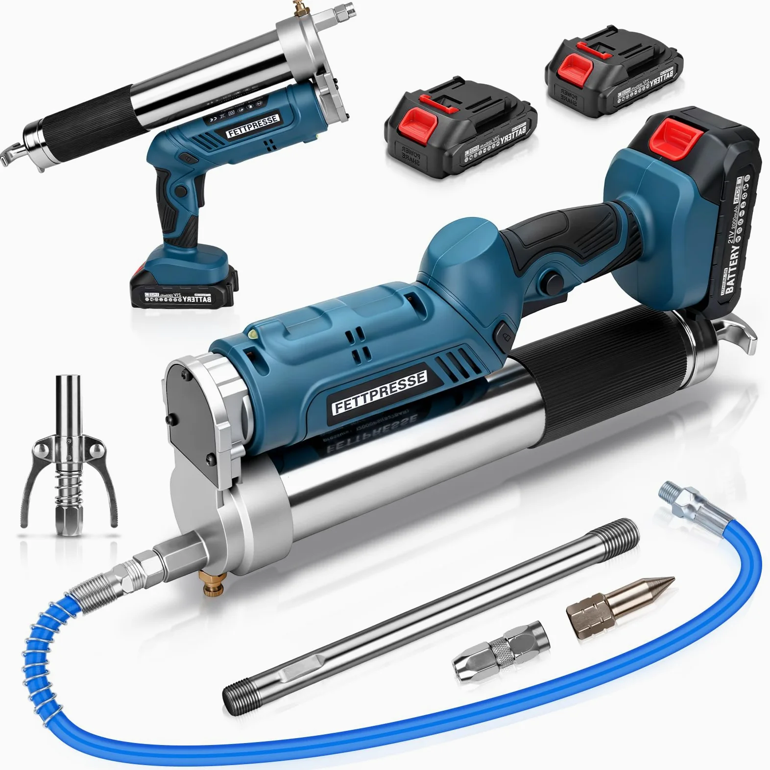 Pistola engrasadora con batería de 12000 PSI con 2 pilas de 2,0 Ah y cargador | Pistola engrasadora eléctrica con manguera de alta presión de 100 cm, 3 boquillas, motor sin escobillas y luz LED