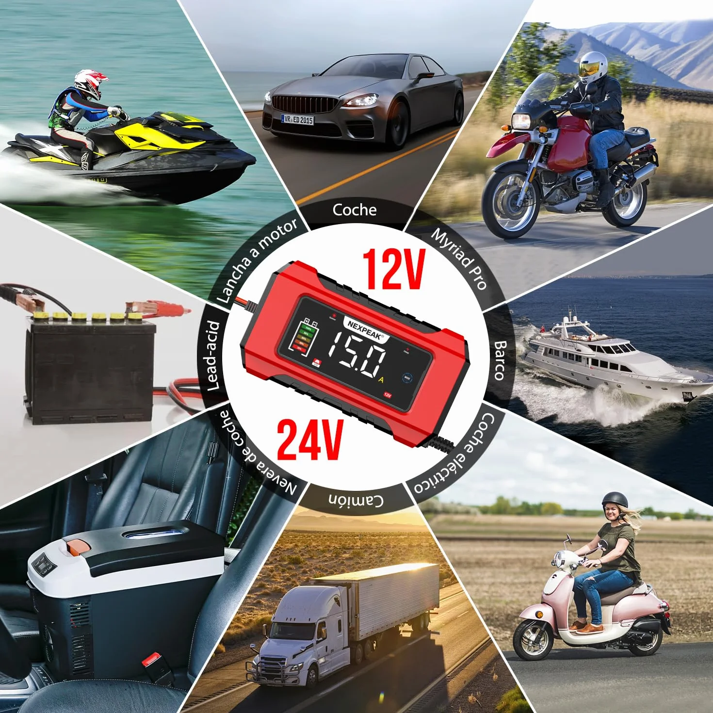 NEXPEAK NC215 Cargador de Batería 15A para Coche, 12V 24V LiFePO4 Portátil 9-Etapas Inteligente - Camión, Moto, Cortacésped, Barco, Marina