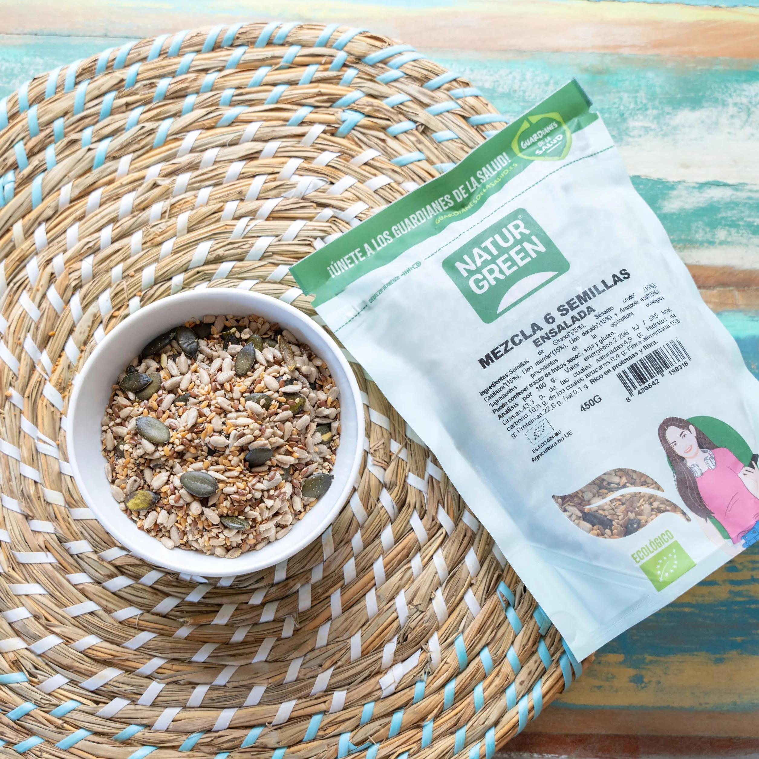 NaturGreen Mezcla 6 Semillas para Ensalada Bio 10 x 450 g, Lino, Girasol, Calabaza, Cáñamo, Sésamo, Chía, Omega 3, Fibra, Proteína, Sin Gluten, Vegano