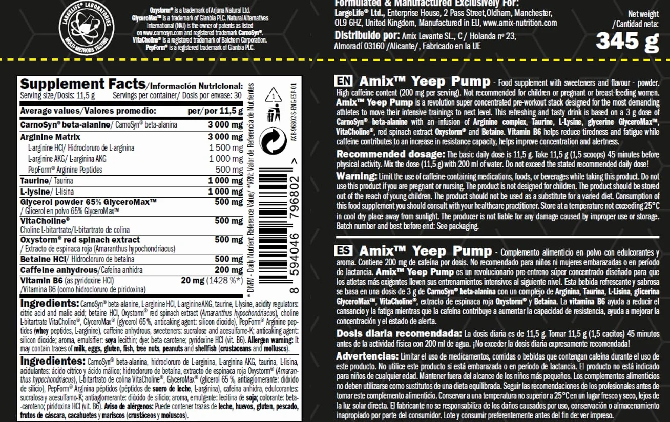 Amix Black Line YEEP PUMP CAFF 345 GR Pre-entreno Sabor Lima