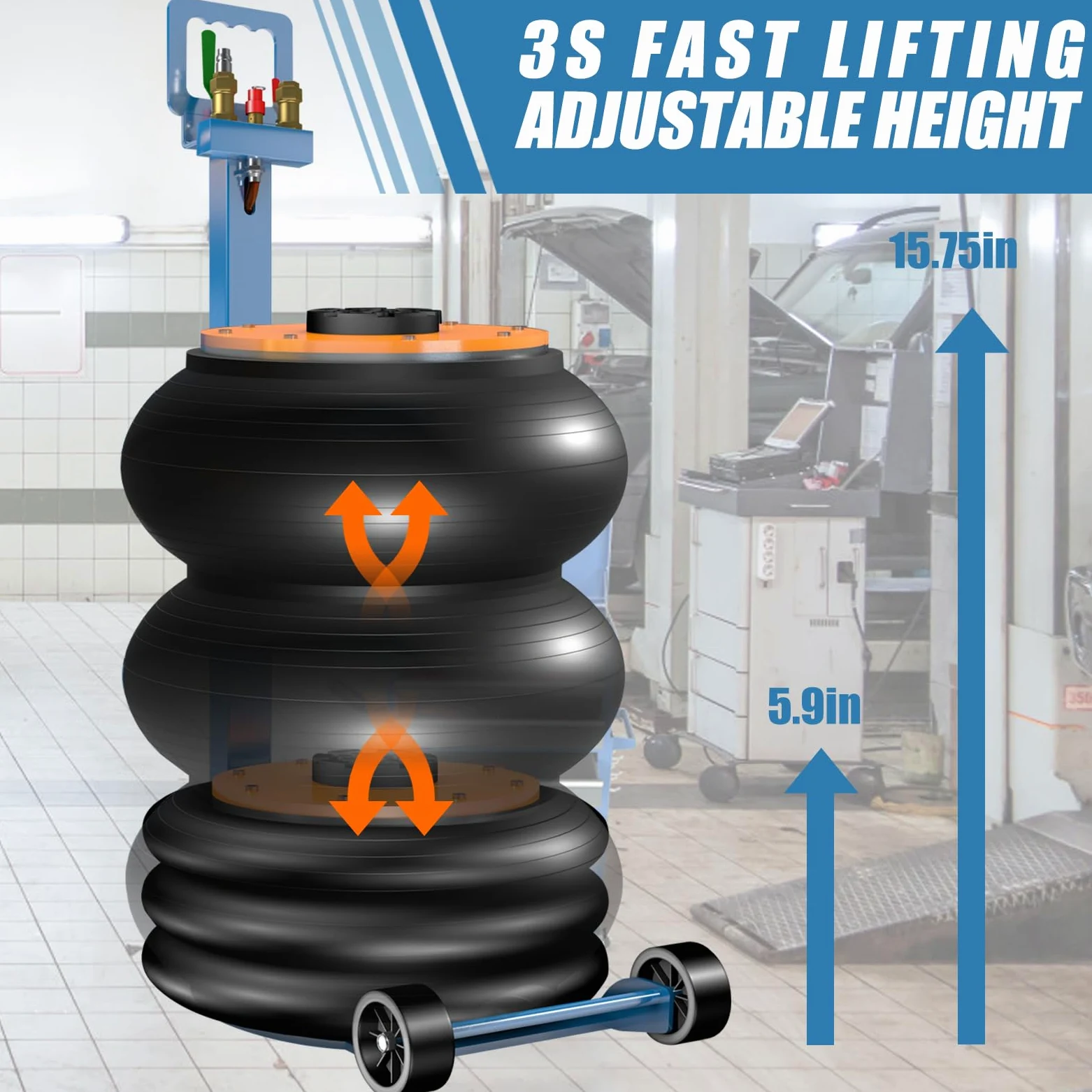 LARBANKE Gato de aire, gato neumático de triple bolsa de 5 toneladas/1000 libras, altura de elevación rápida de 3 segundos de 5.9 a 15.75 pulgadas, gato de aire con manos largas ajustables, para