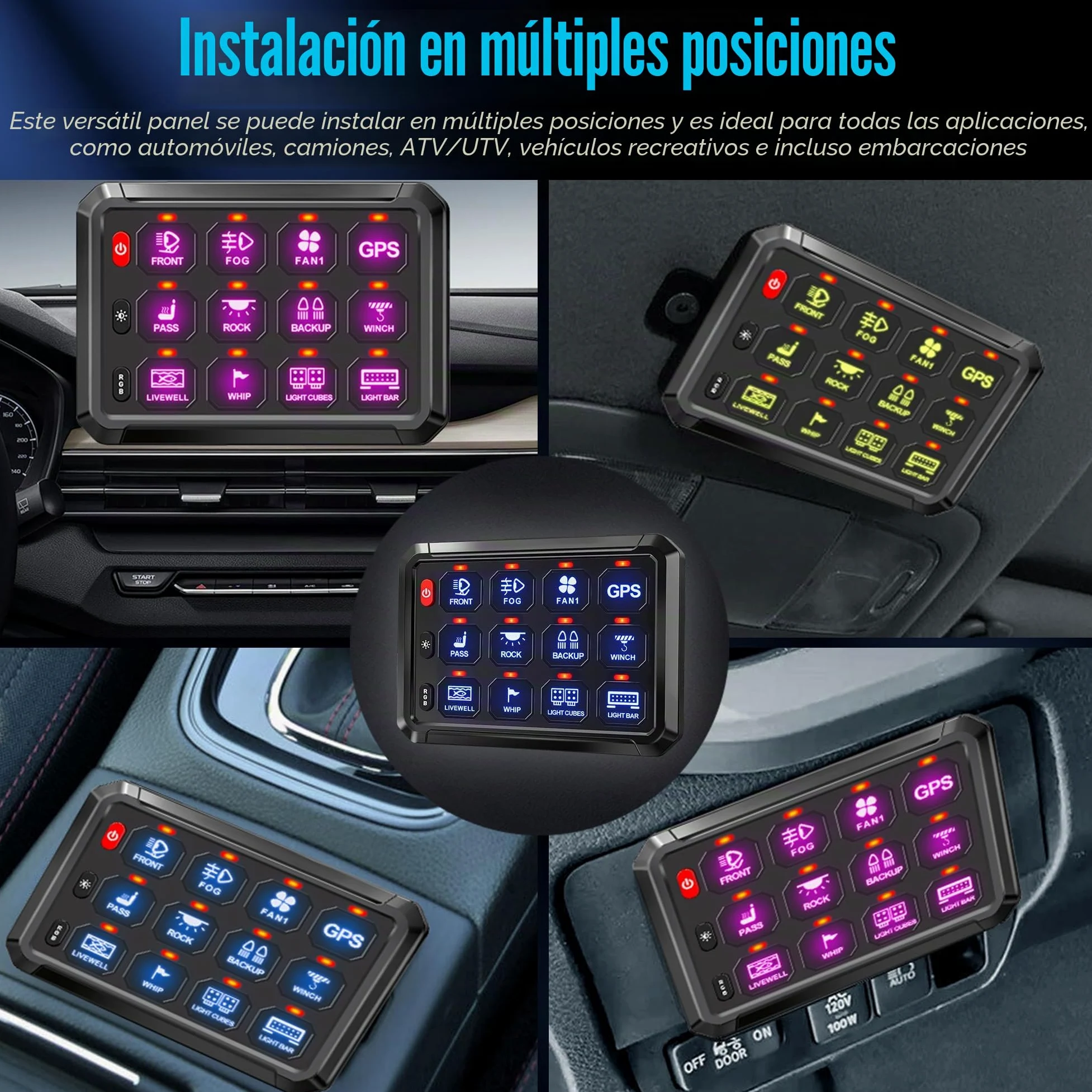 Panel de interruptor RGB de 12 velocidades, regulable automáticamente, panel de interruptores multifunción con memoria de impulso de inclinación instantánea, panel de aluminio para camiones