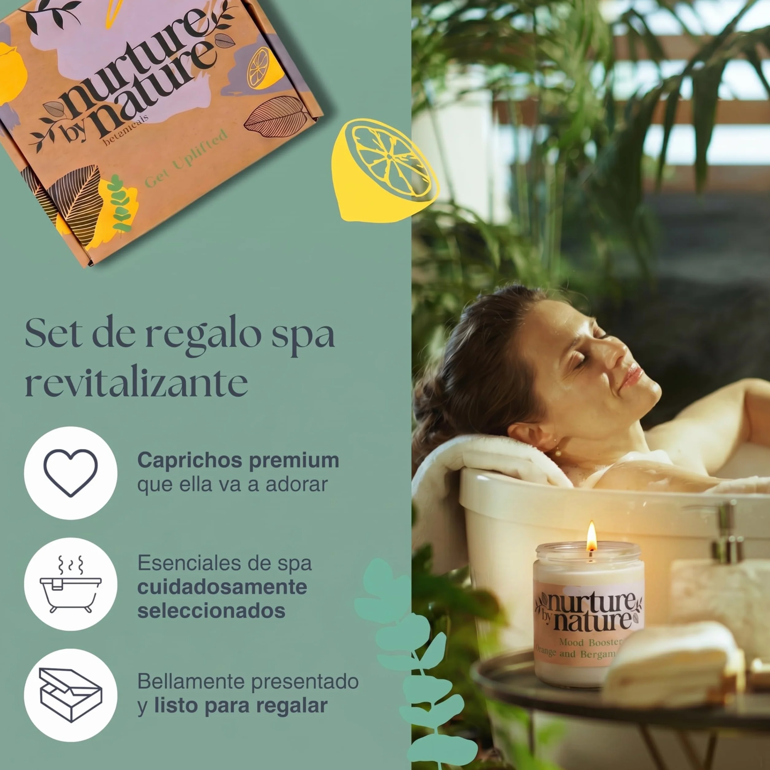 Nurture By Nature Set de Regalo para Mujer, Aceite Esencial, Sales de Baño, Jabón, Bombas de Baño, Vela