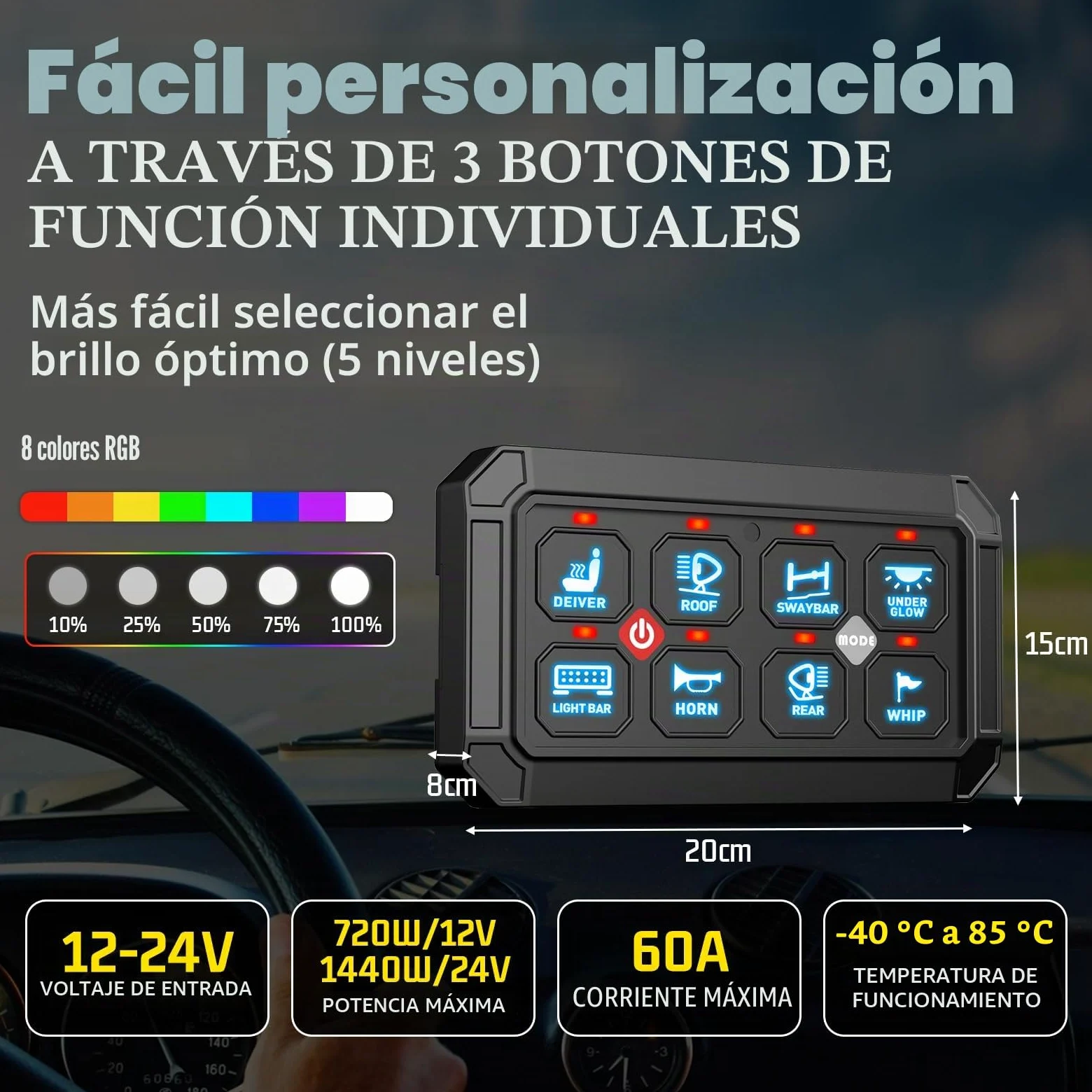 Panel de interruptor de 8 marchas, sistema de relé de circuito universal | conmutación inteligente y LED regulable, panel táctil RGB de siete colores para coche