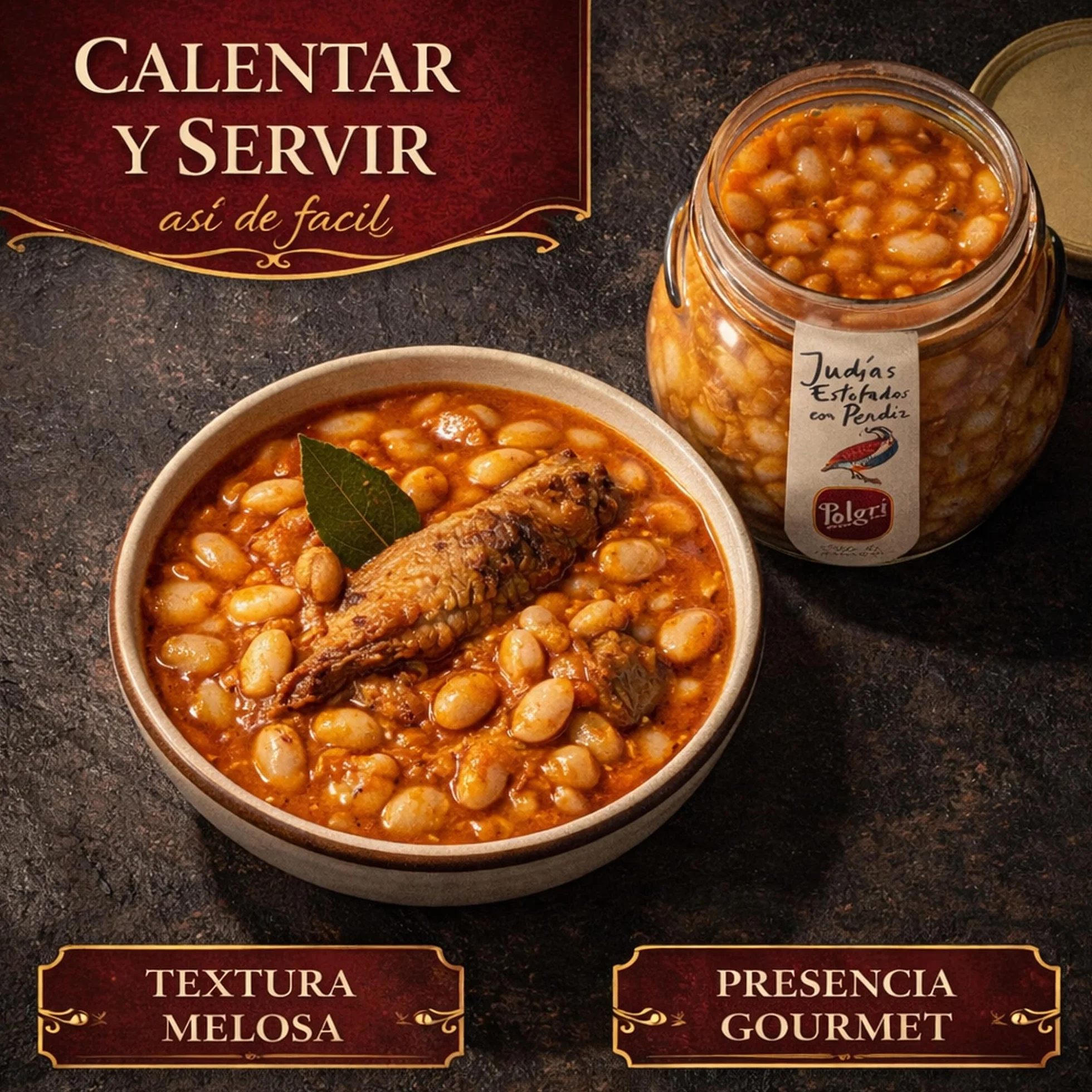 POLGRI Judias Estofadas con Perdiz Gourmet AOVE 640 ml Tarro de Cristal Comida Preparada
