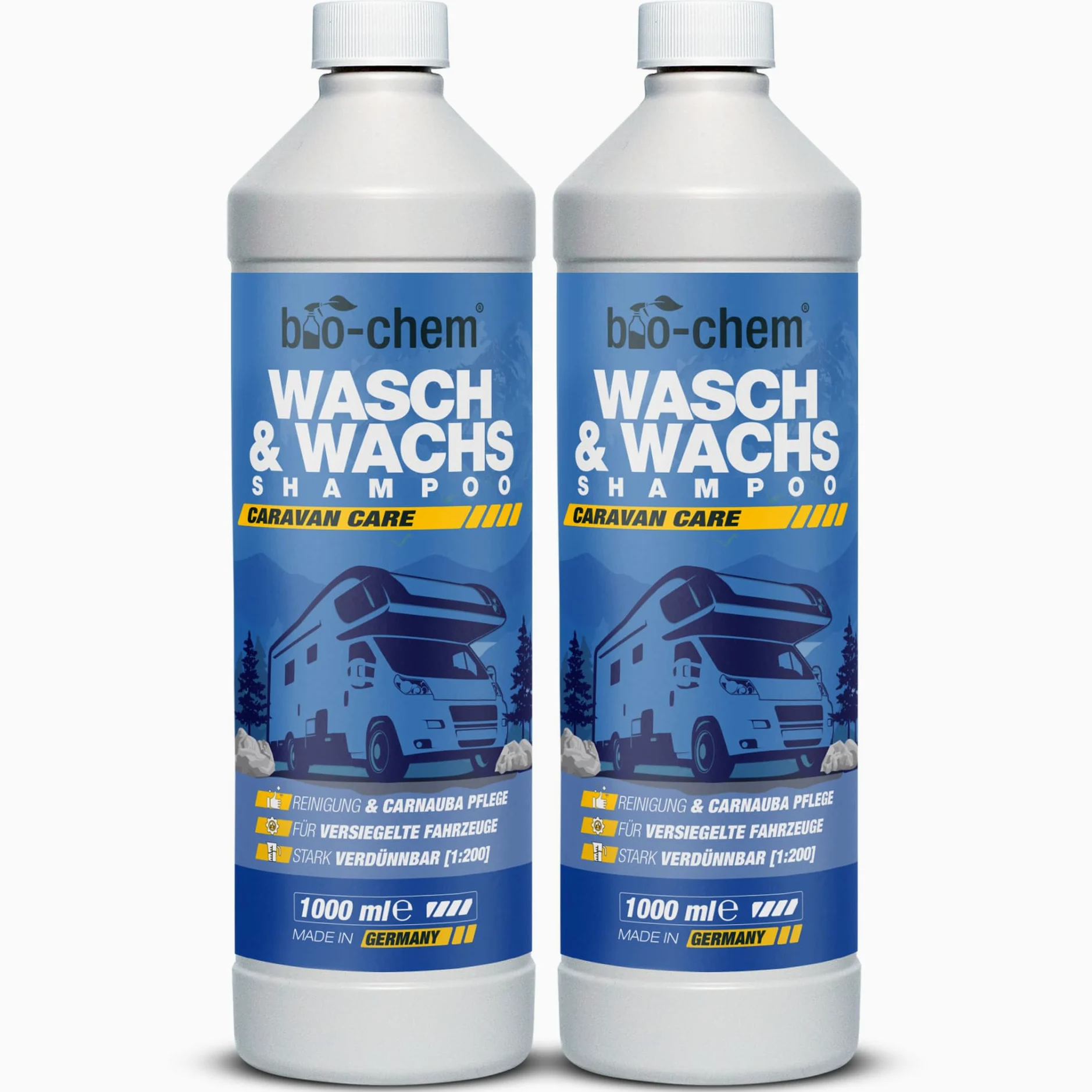 bio-chem Champú y cera para vehículos 1L + Pulverizador de espuma | Limpiador regenerador para plásticos con cera de carnauba, adecuado para la limpieza exterior de la carrocería de caravanas