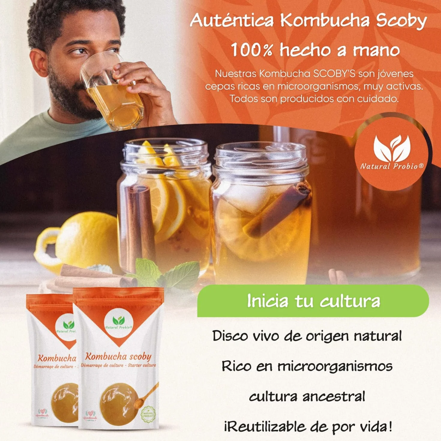 Natural Probio Original Kombucha Scoby Kit de inicio cultivo auténtica cepa madre instrucciones receta consejos