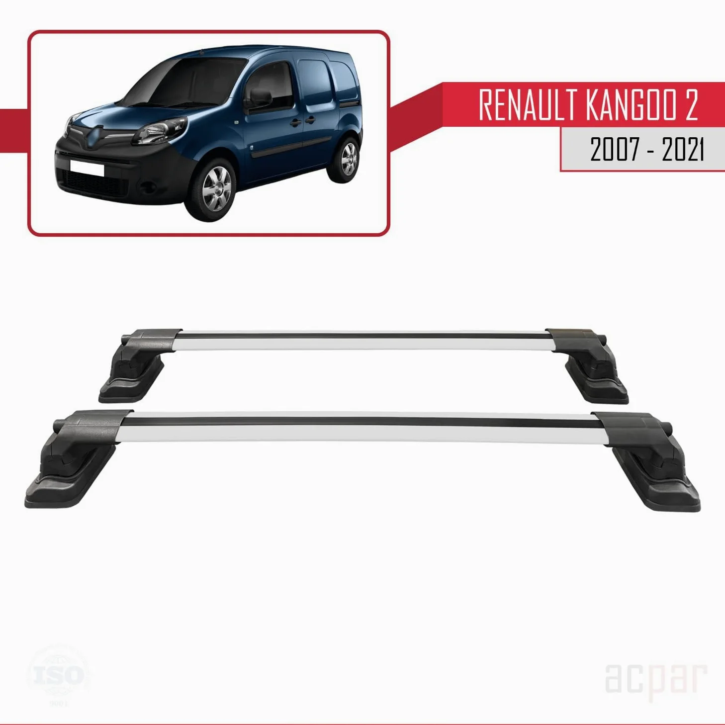 Compatible con Renault Kangoo 2 (X61) 2007-2021 Modelo Ace-3 Barra de Techo Auto Portaequipajes Barras Transversales Gris Aluminio 2 Barras