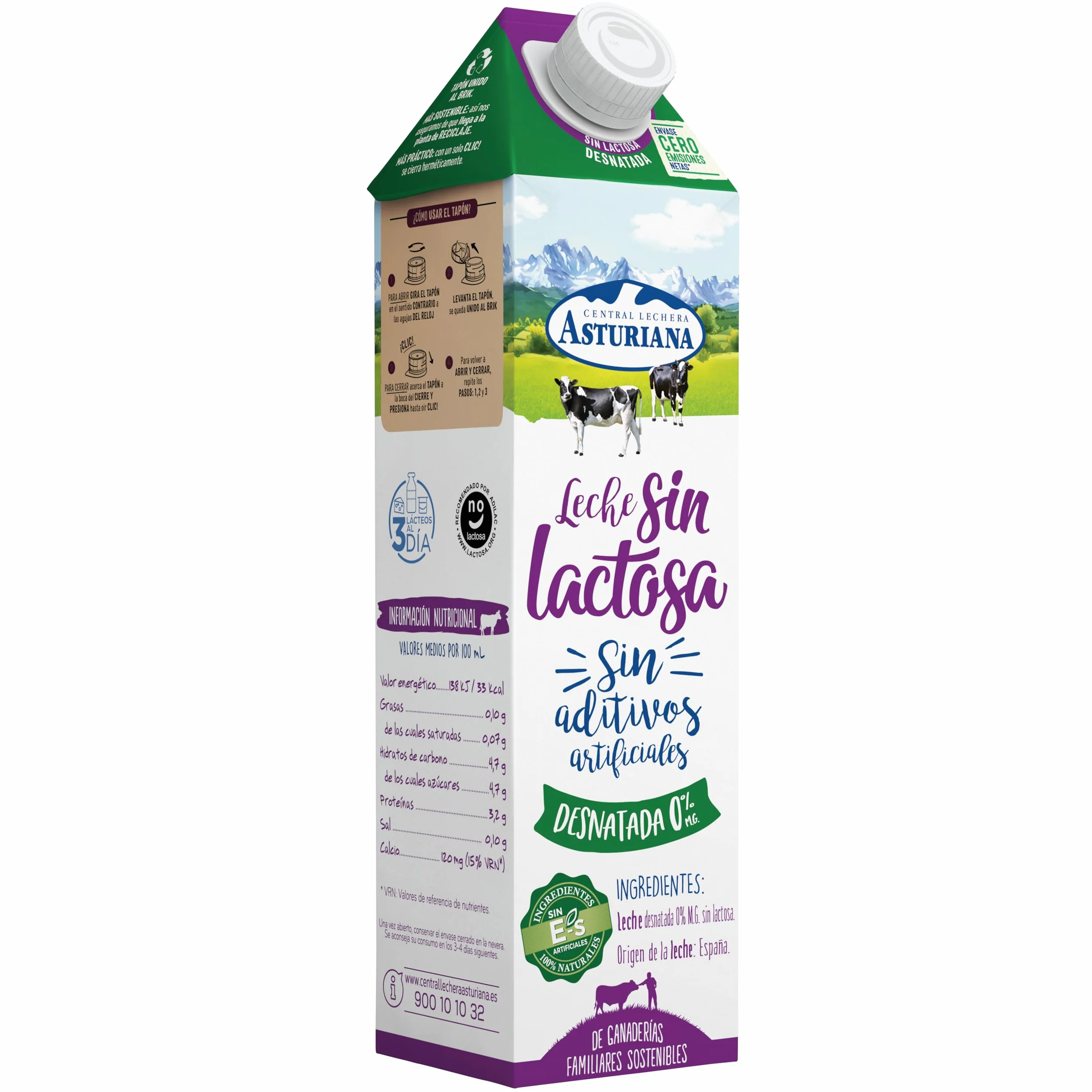 Central Lechera Asturiana Leche Sin Lactosa Desnatada 0% MG, Pack 6 x 1L