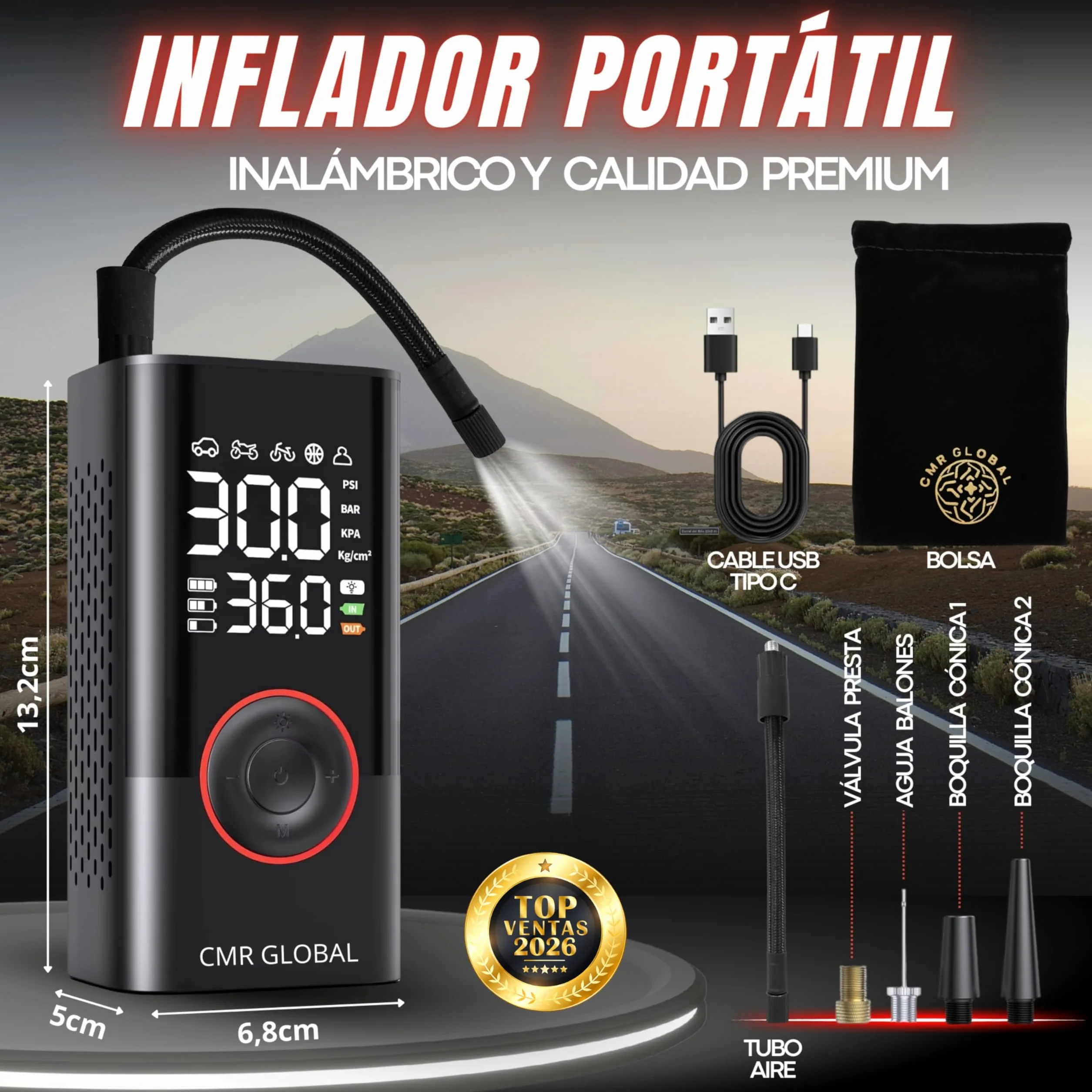 SUPER PRO Compresor Aire Portatil. Inflador Ruedas Coche. Inflador Eléctrico con Linterna 150 PSI para Coche Moto Bicicleta Pelota. Hinchador eléctrico Batería Recargable 4000 mAh. Viaje Emergencia