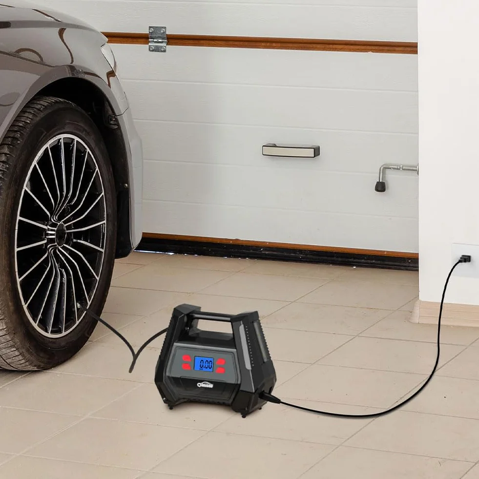 Oasser Inflador Ruedas Coche DC 12V y AC 220V Compresor Aire portatil con Pantalla LCD Luz LED Cable de 3M 150PSI para Coches, Motos y Bicicletas