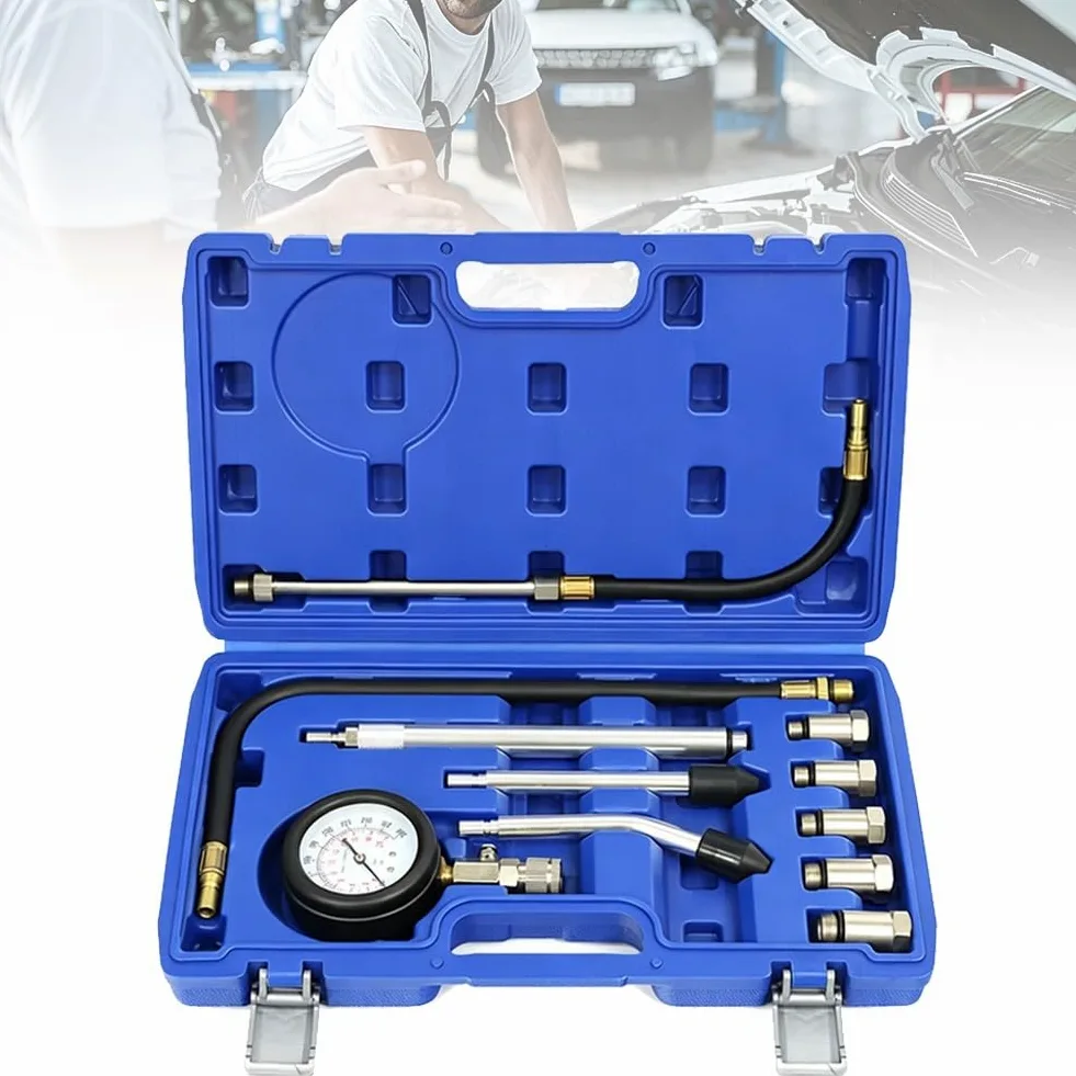 11pcs Gasóleo Comprobador de Compresión, Gasolina Prueba Motor Herramienta | Probador de Compresión Automotriz, Medidor de Presión de Fugas de Cilindros para Motores Pumpe Duse