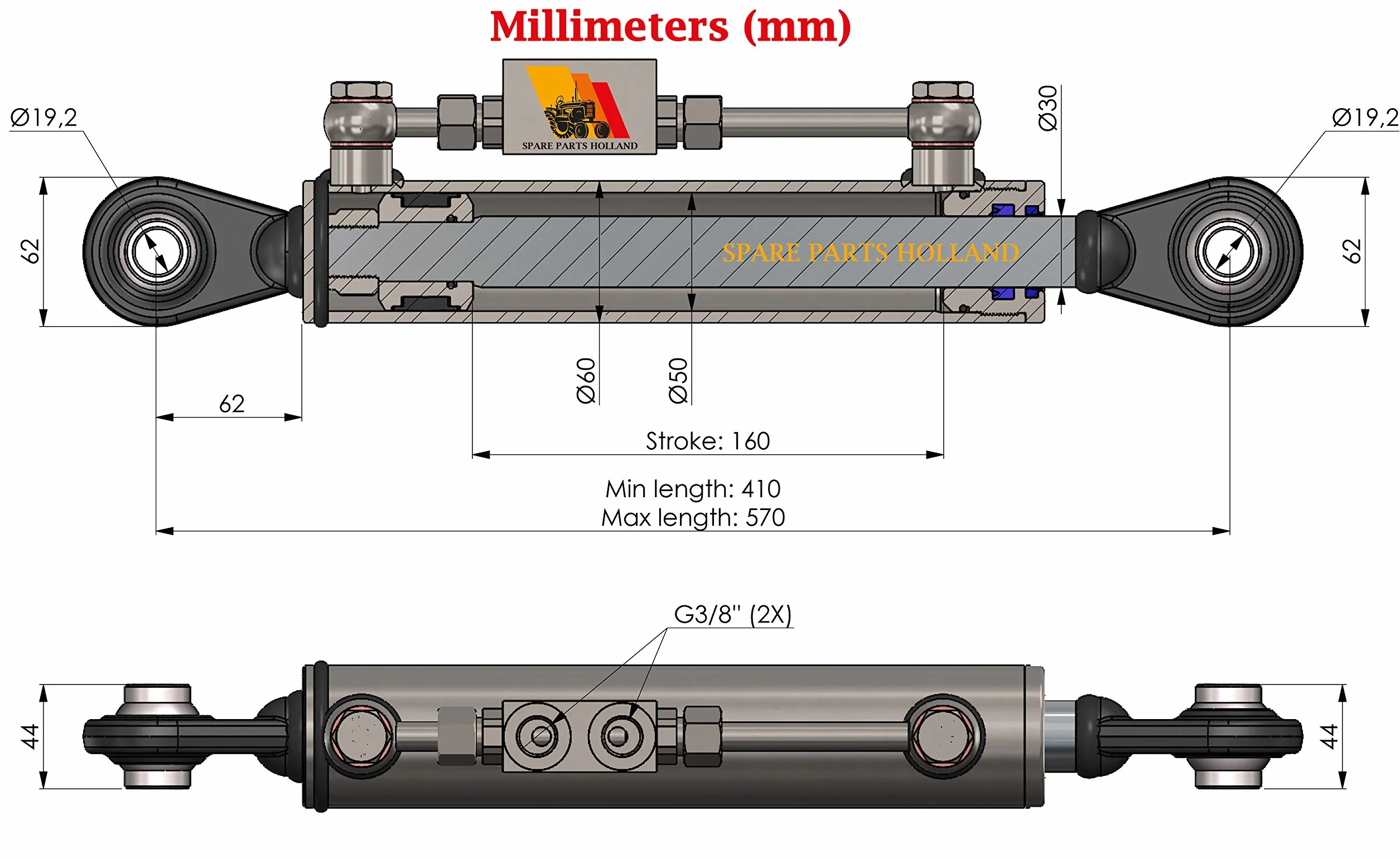 Tercer Punto Hidráulico Cat 1-1 (410-570 mm) con Bloque de Bloqueo y 2 Mangueras