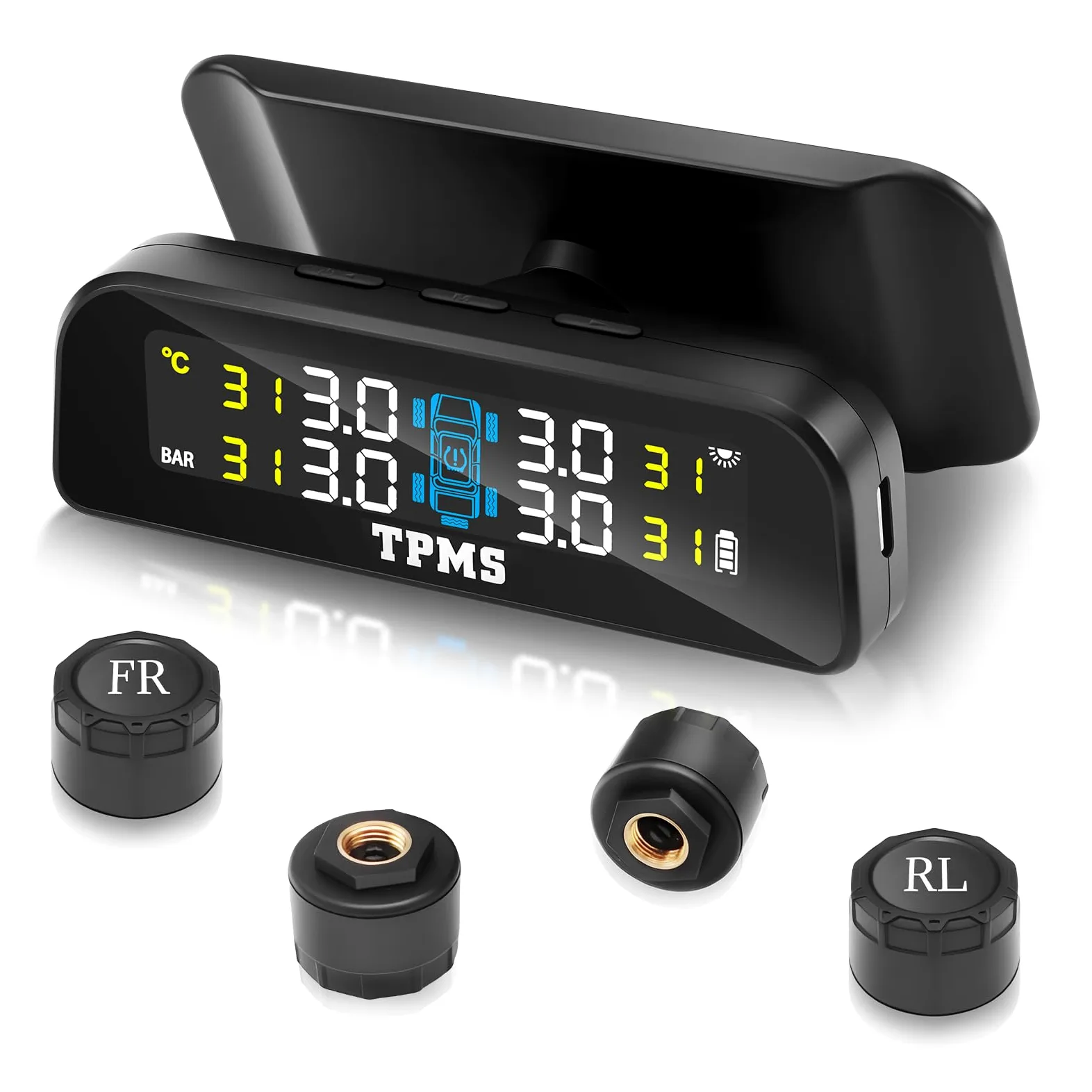 0-3.5Bar Sistema de Monitoreo de Presión de Neumáticos TPMS Solar Inalámbrico y Carga USB, 5 Modos de Alarma 4Sensor Externo de Presión de Neumáticos，para Auto SUV Camionetas