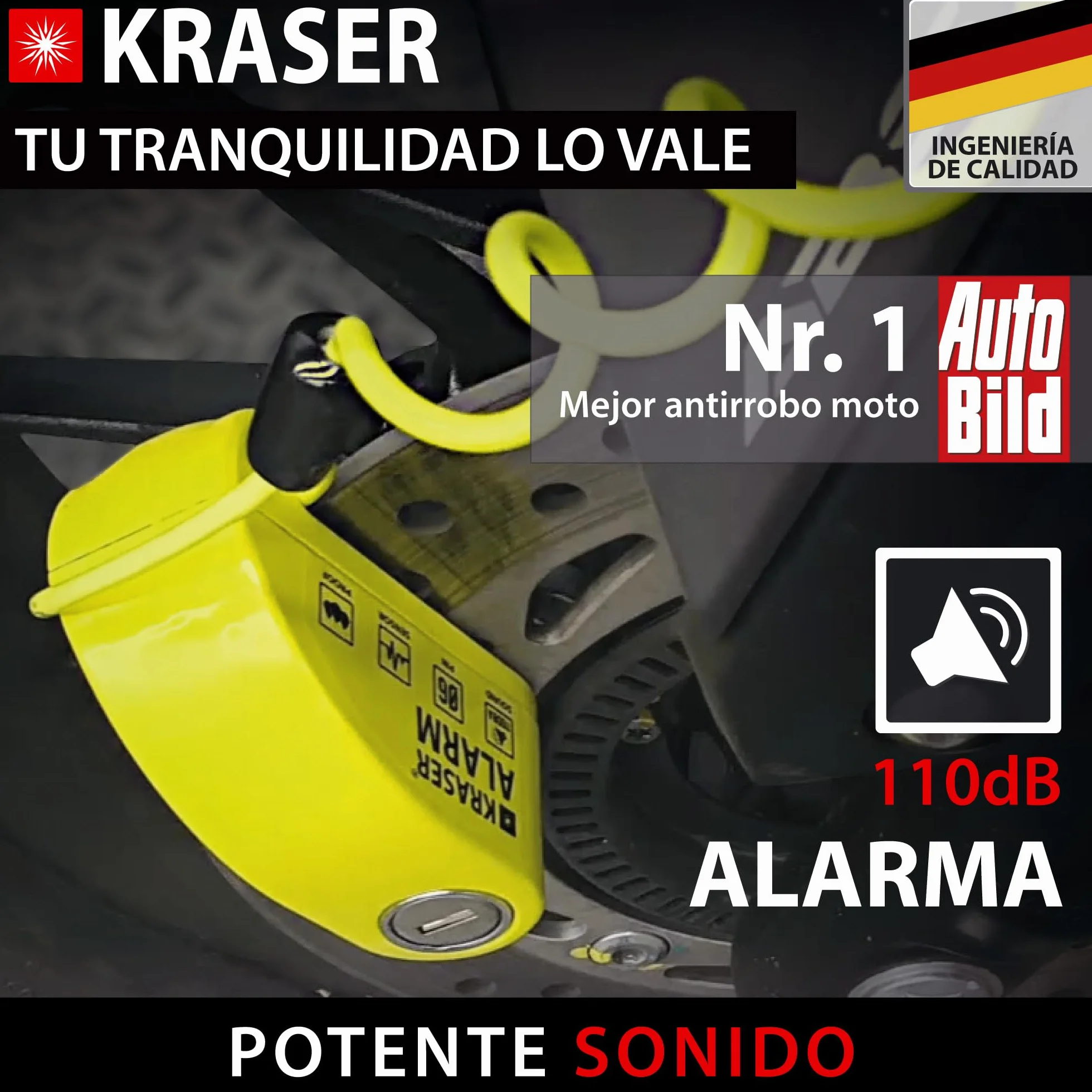 KRASER KR6Y Candado Moto con Alarma 110dB Antirrobo Disco Reforzado 3 Llaves Alta Seguridad Impermeable